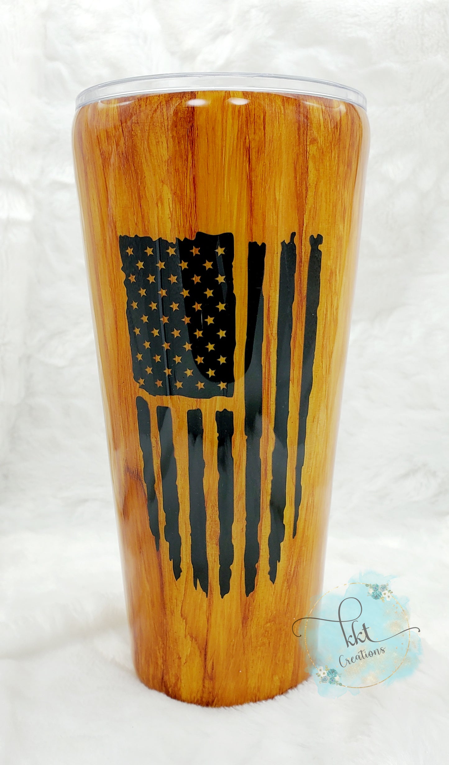 Woodgrain Flag Custom Tumbler - 32 oz taper - woodgrain/black