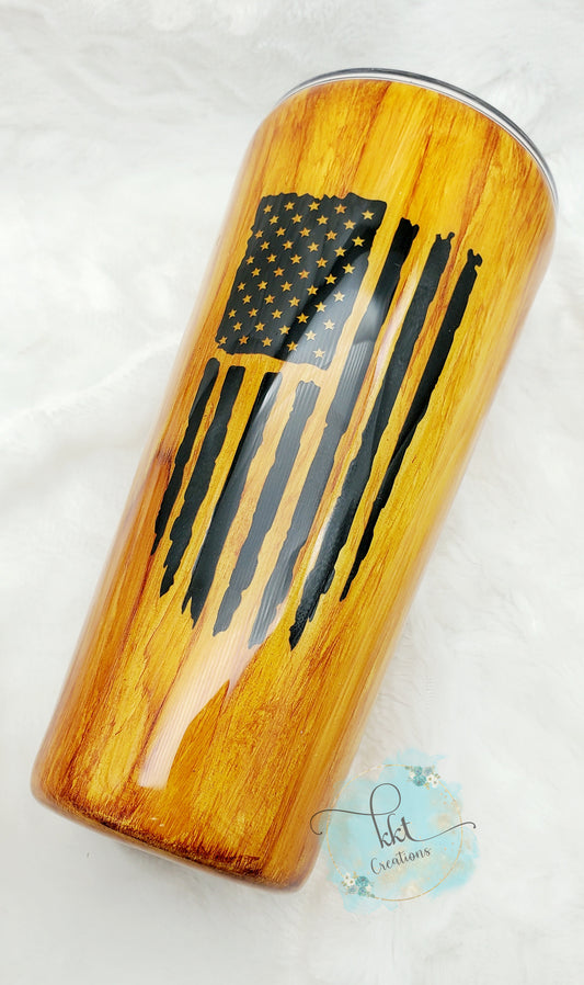 Woodgrain Flag Custom Tumbler - 32 oz taper - woodgrain/black