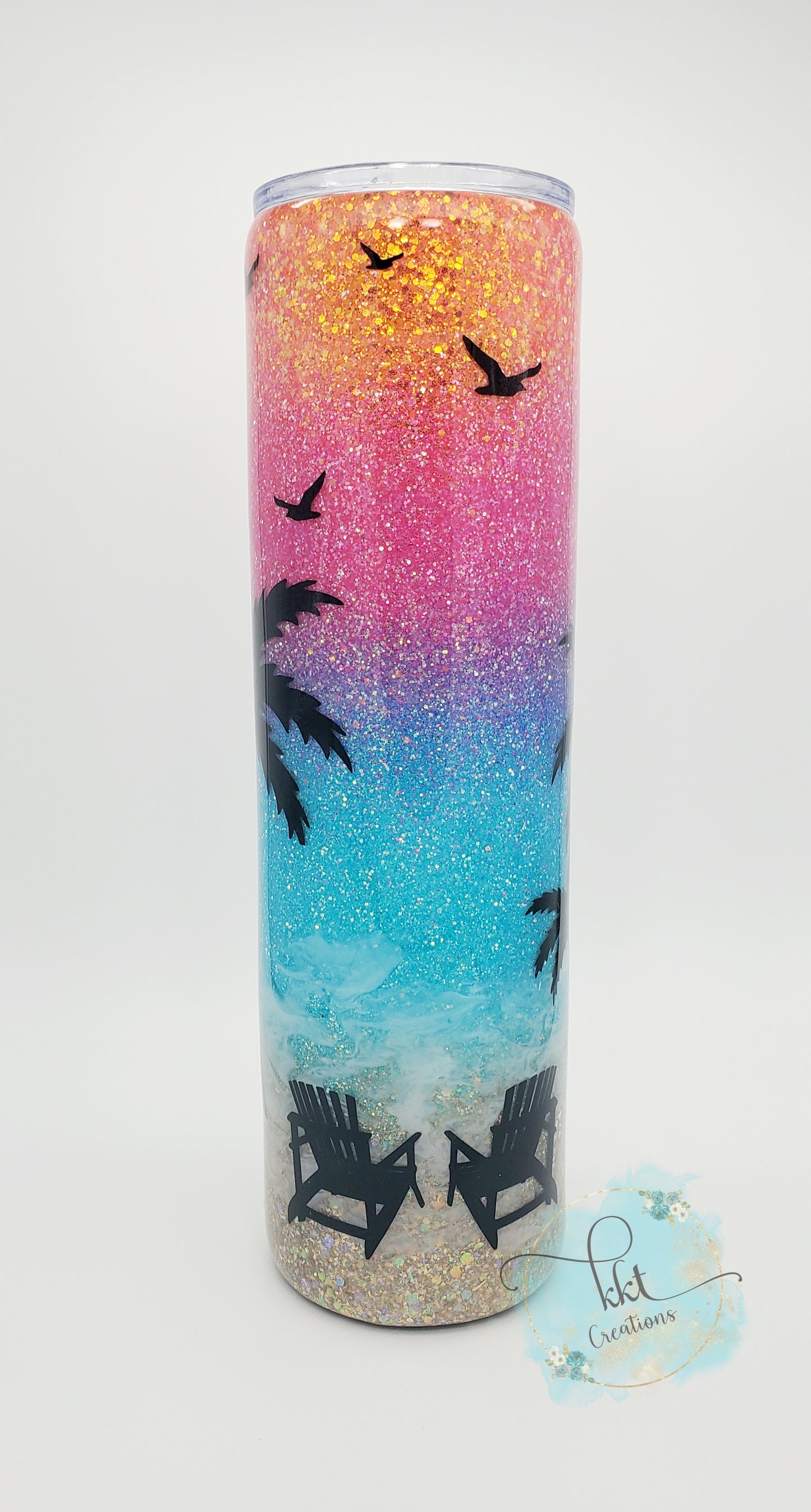 Beach, Sunset colored glitter ombre, black decals - 32 oz skinny