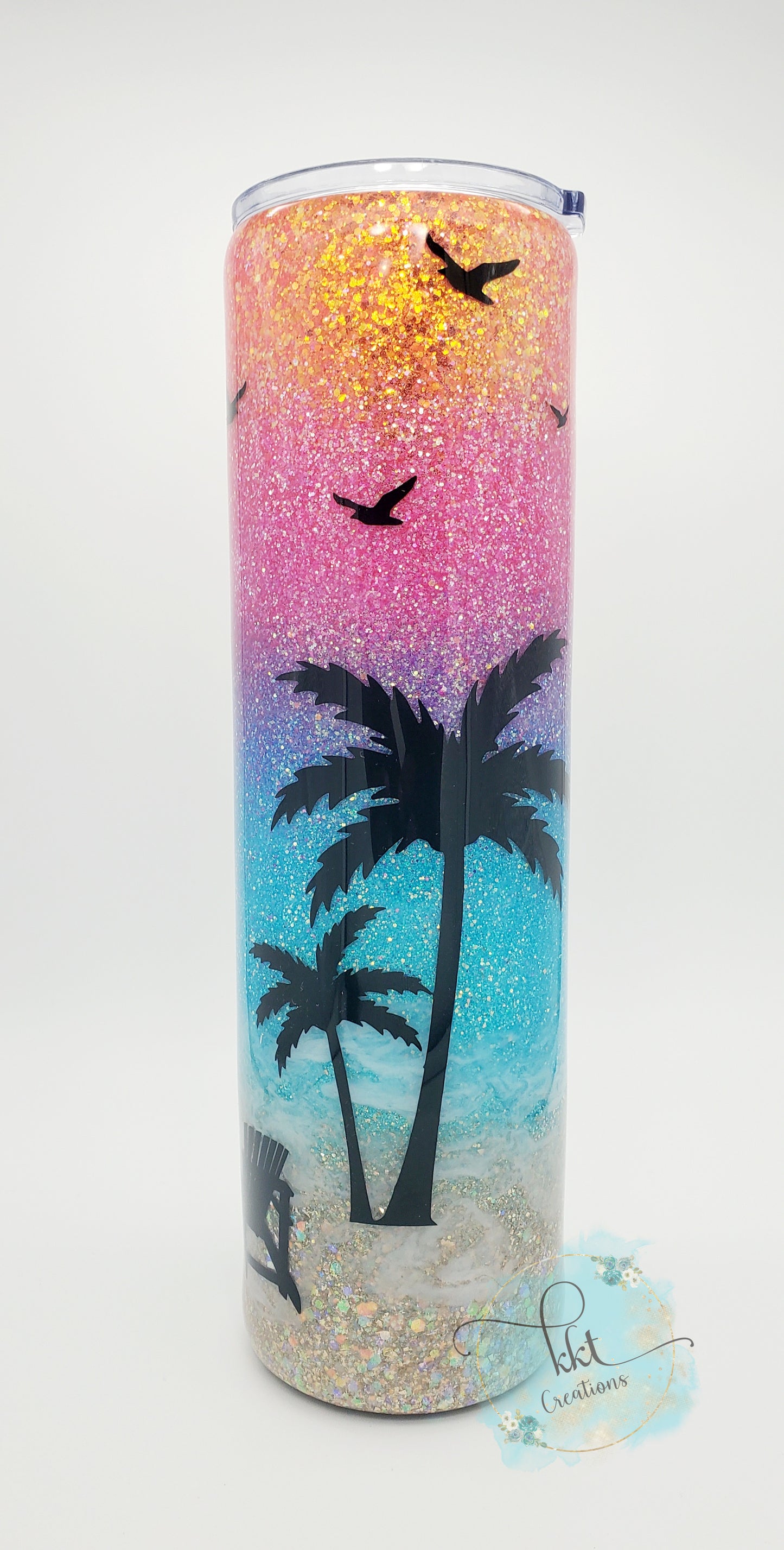 Beach, Sunset colored glitter ombre, black decals - 32 oz skinny