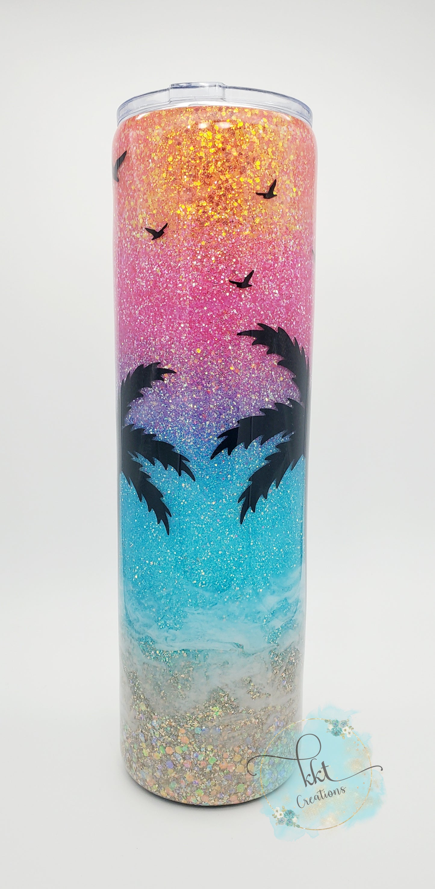 Beach, Sunset colored glitter ombre, black decals - 32 oz skinny