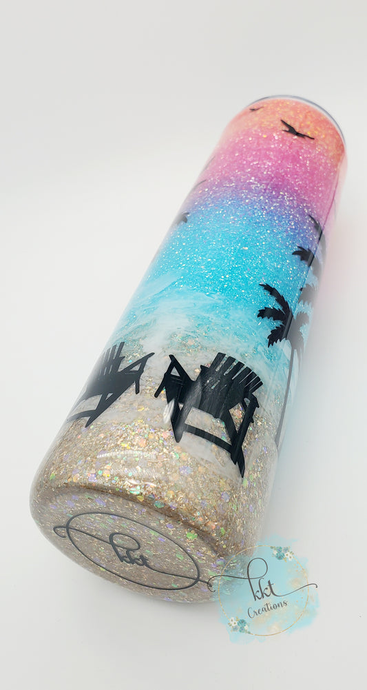 Beach, Sunset colored glitter ombre, black decals - 32 oz skinny