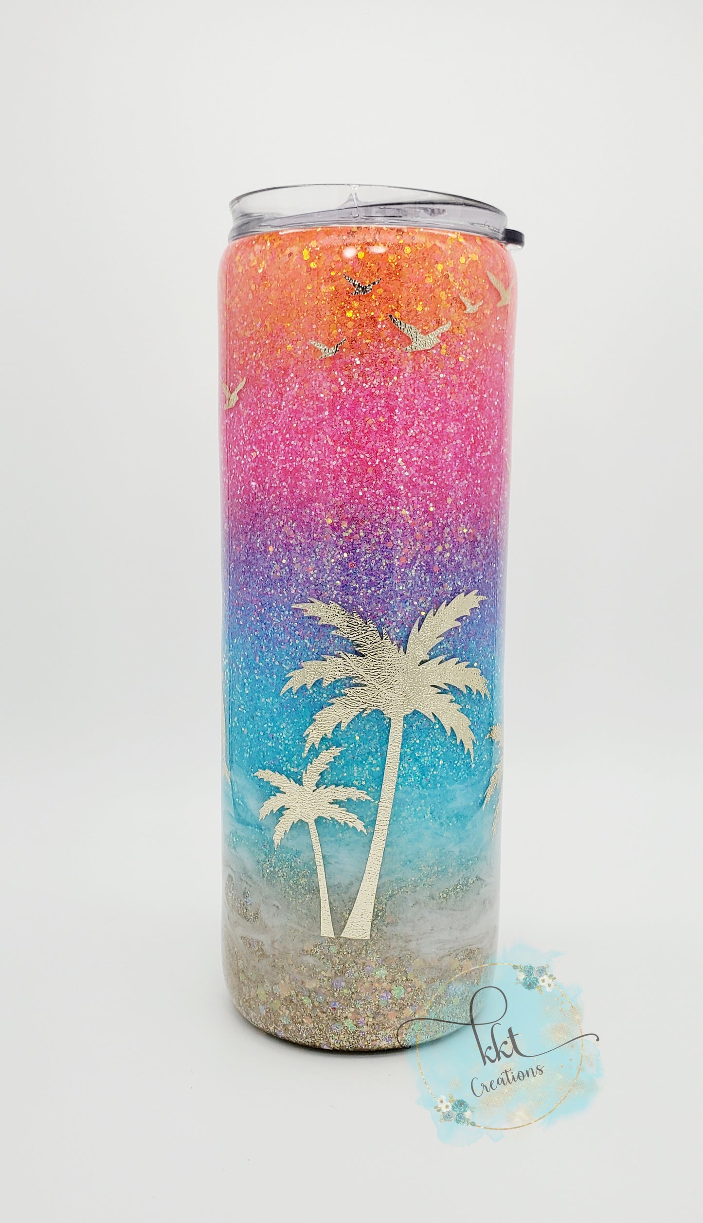 Beach, Sunset neon colored glitter ombre, gold decals - 20 oz skinny