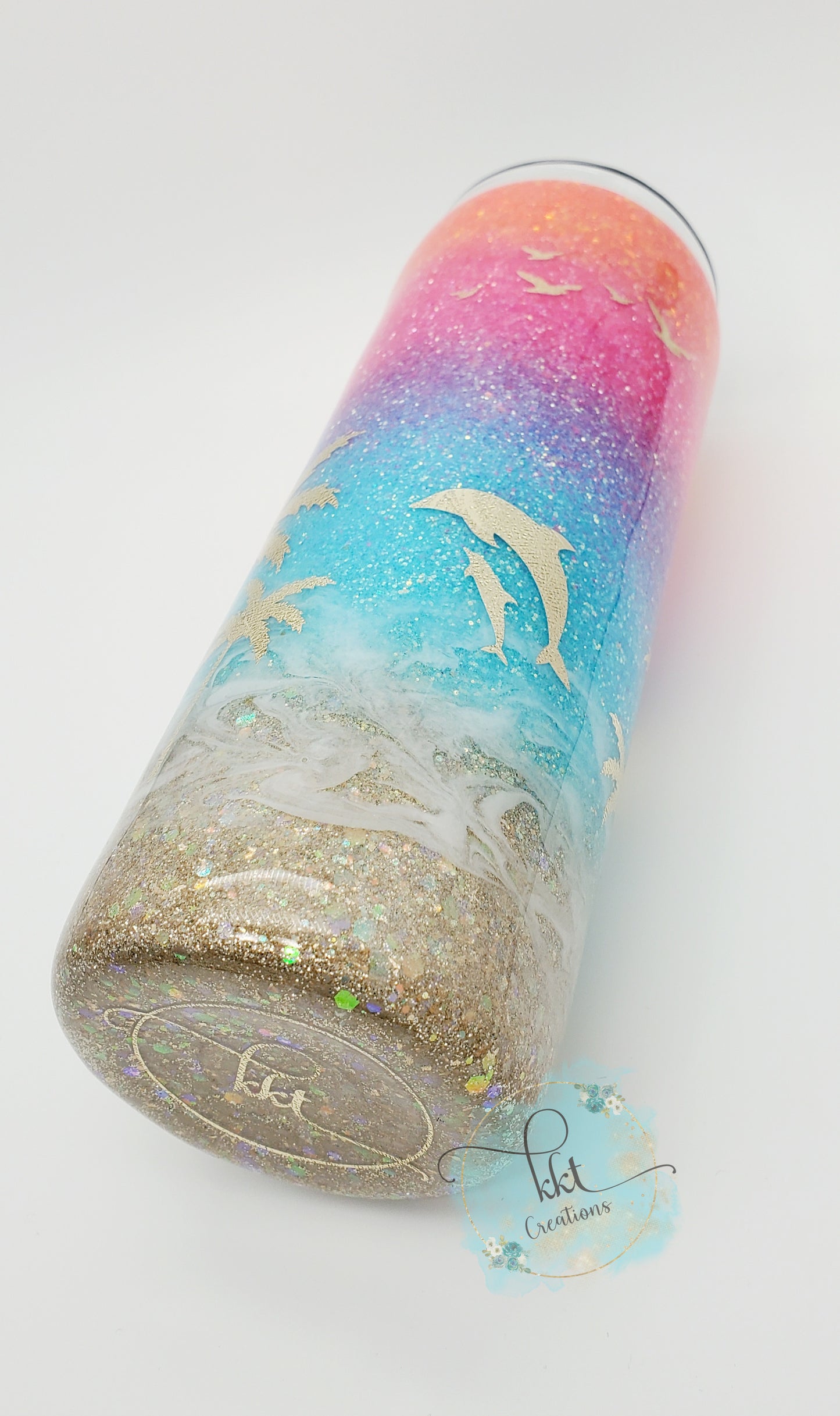 Beach, Sunset neon colored glitter ombre, gold decals - 20 oz skinny