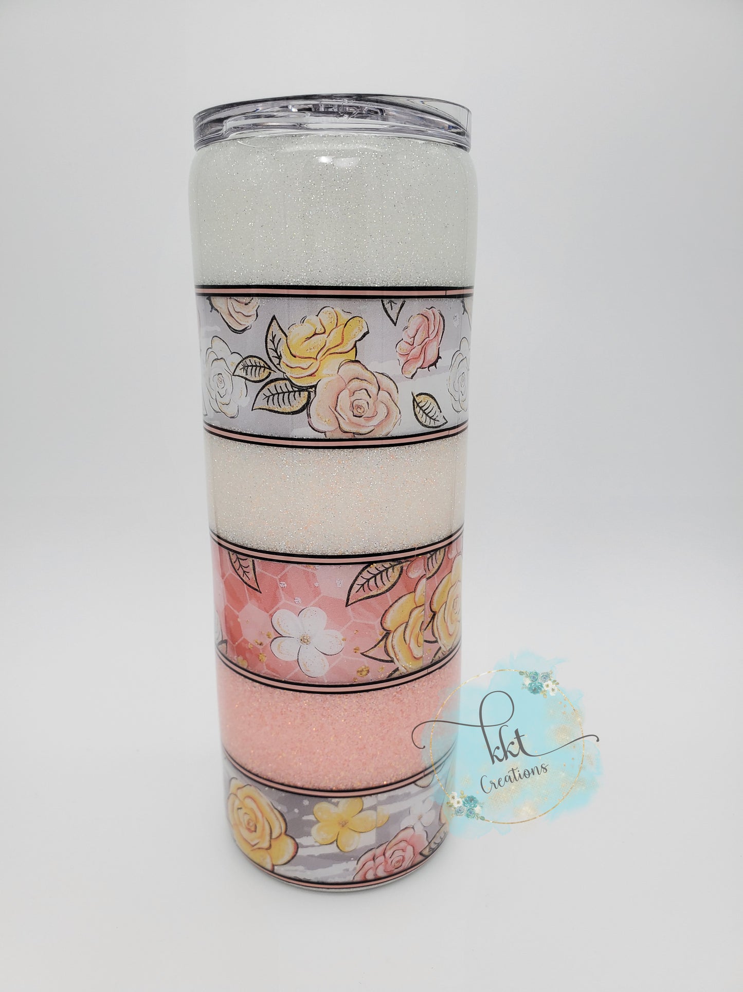 Striped Floral and Glitter Custom Tumbler- 20 oz Skinny Straight - Coral, peach, grey, white