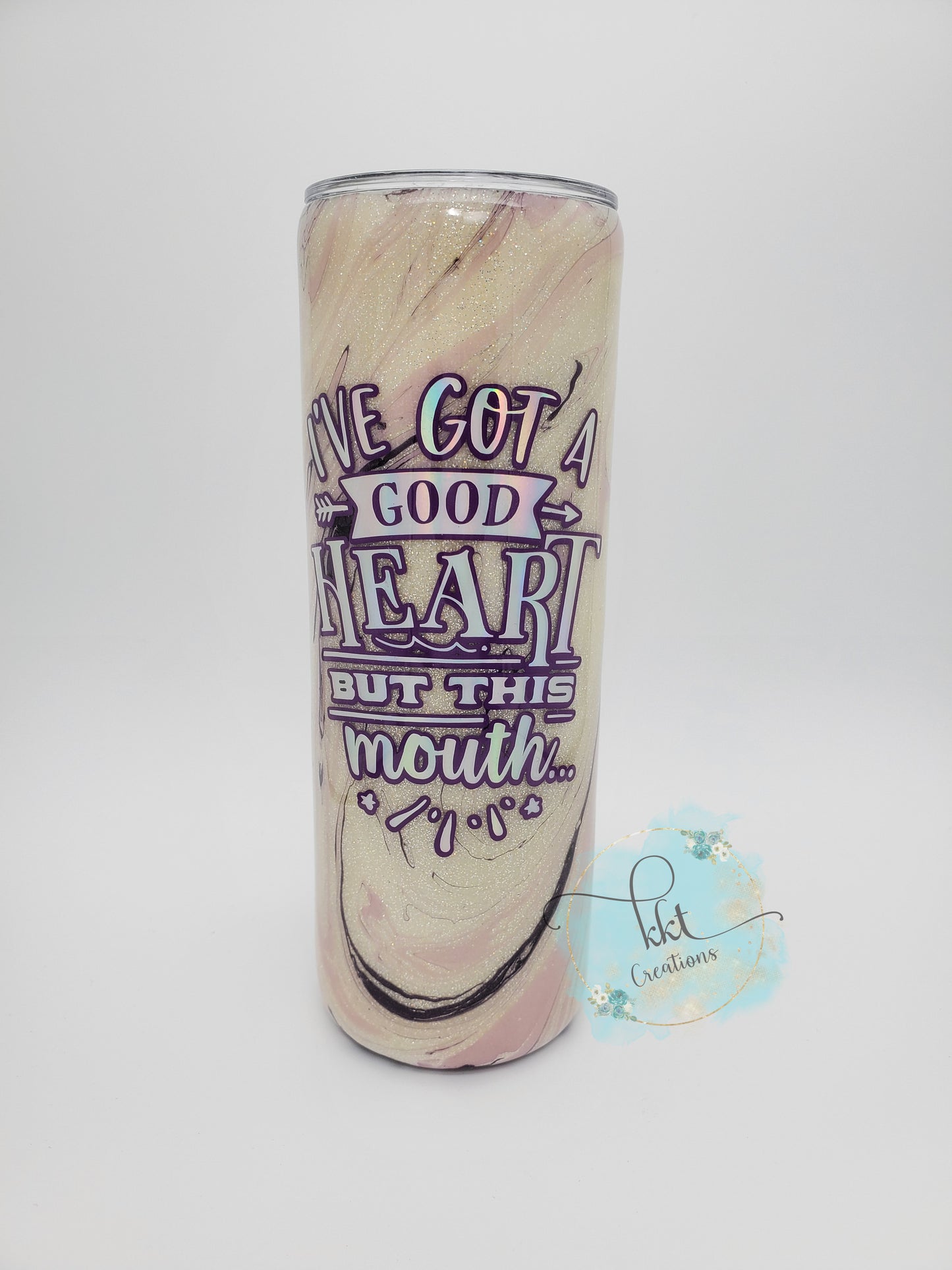 Hydrodip "I've Got a good heart but this mouth" Custom Tumbler- 20 oz Skinny straight - white glitter, purple, pink