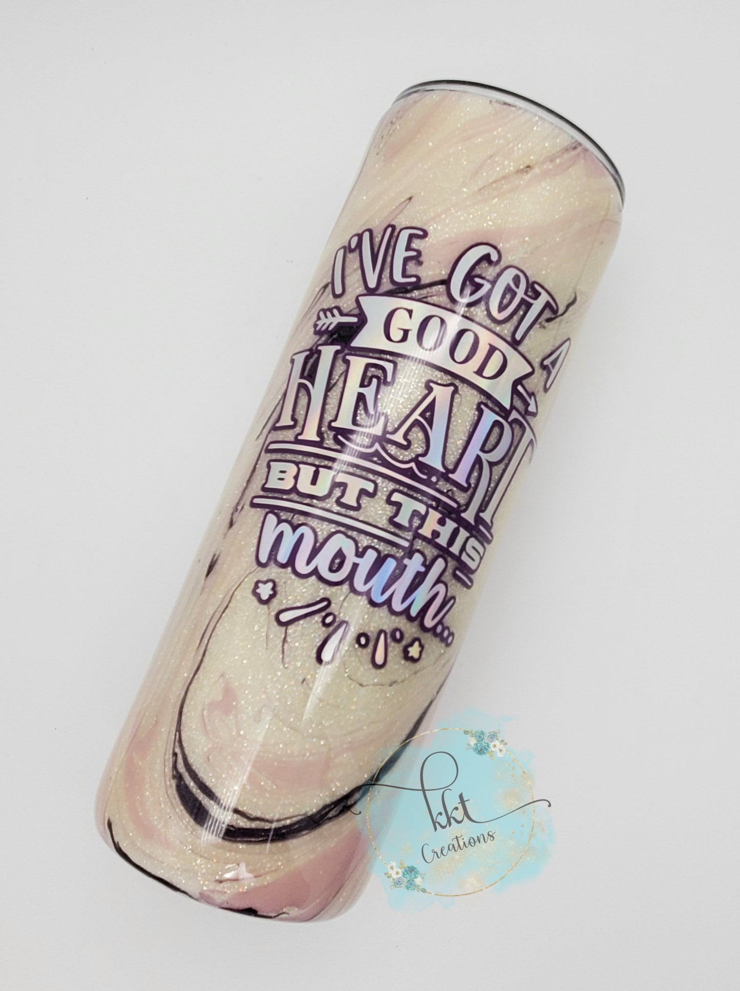 Hydrodip "I've Got a good heart but this mouth" Custom Tumbler- 20 oz Skinny straight - white glitter, purple, pink