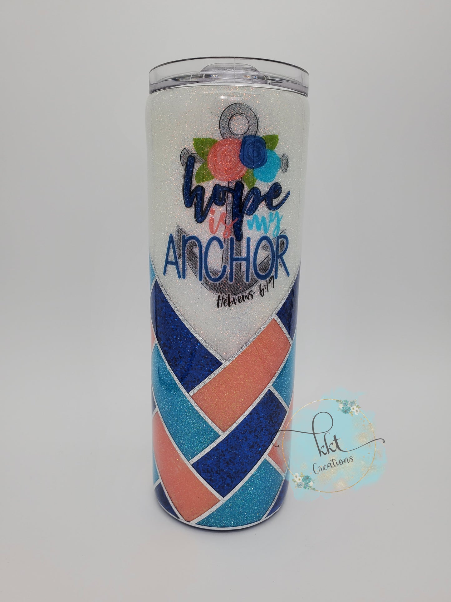 Herringbone V-Split "Hope is my Anchor Hebrews 6:19" Custom Tumbler- 20 oz Skinny Straight - Peach, blue, turquoise, white glitters