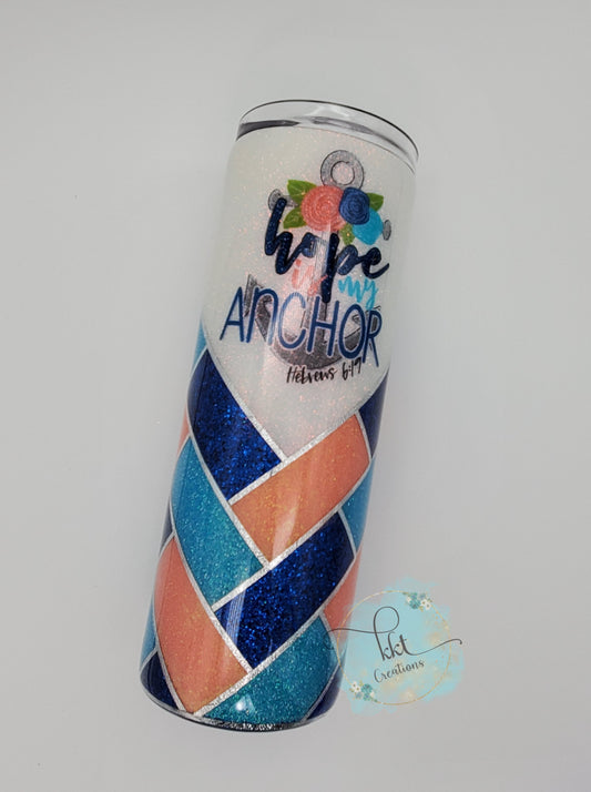 Herringbone V-Split "Hope is my Anchor Hebrews 6:19" Custom Tumbler- 20 oz Skinny Straight - Peach, blue, turquoise, white glitters