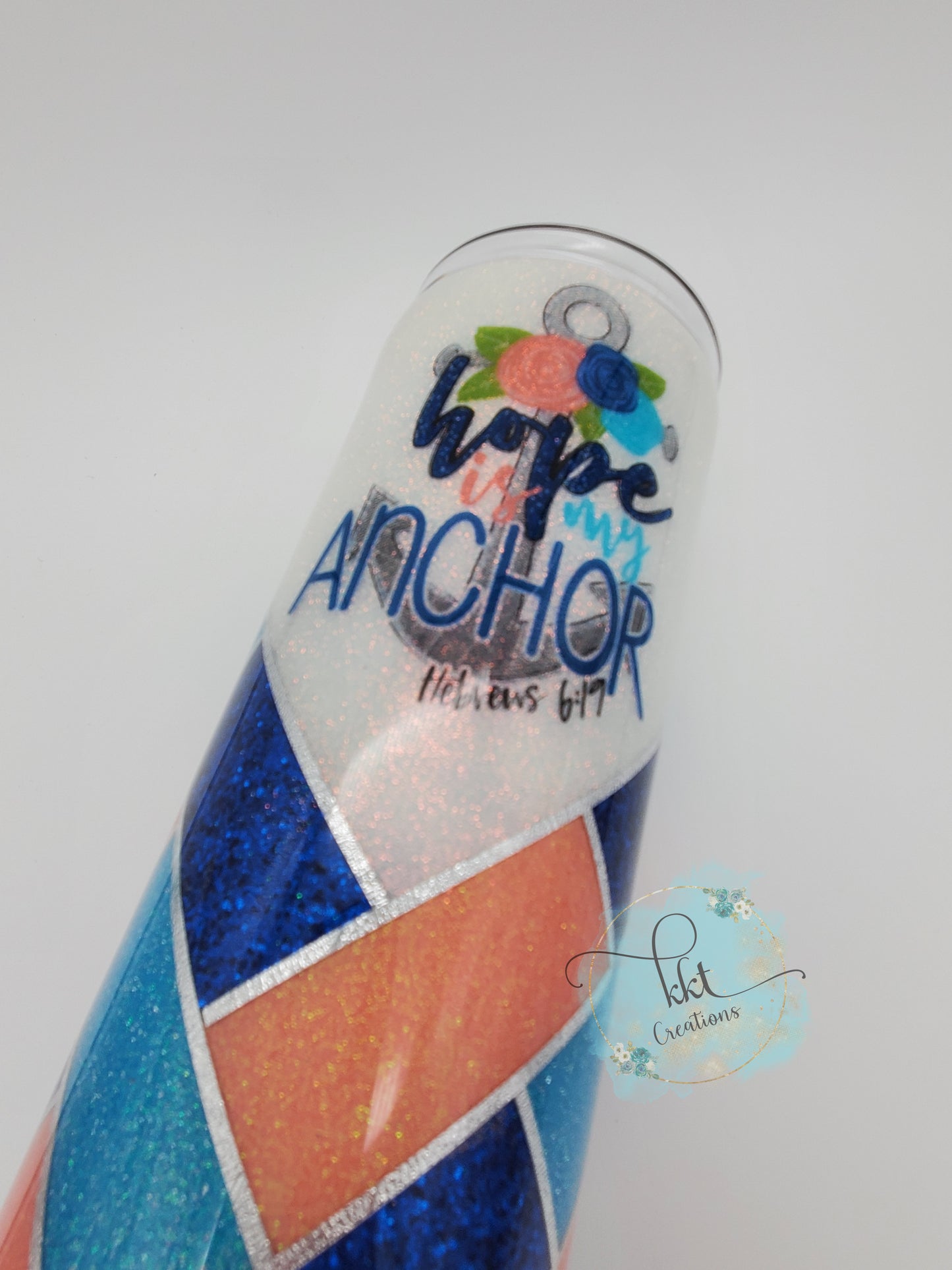 Herringbone V-Split "Hope is my Anchor Hebrews 6:19" Custom Tumbler- 20 oz Skinny Straight - Peach, blue, turquoise, white glitters