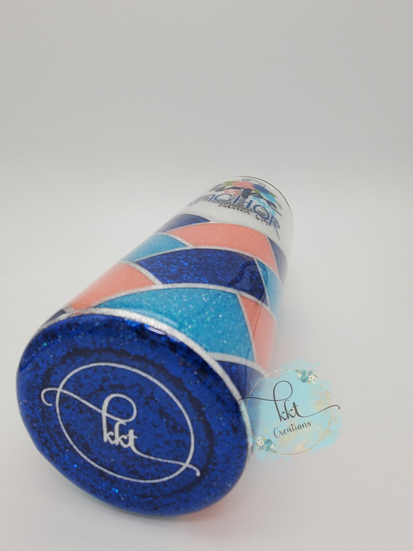 Herringbone V-Split "Hope is my Anchor Hebrews 6:19" Custom Tumbler- 20 oz Skinny Straight - Peach, blue, turquoise, white glitters