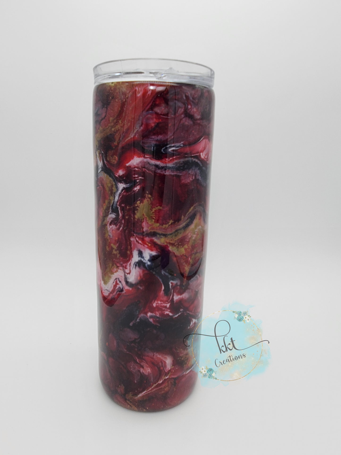 Alcohol Ink Pigment Swirl Custom Tumbler - 20 oz Skinny Straight - wine/maroon, gold, black