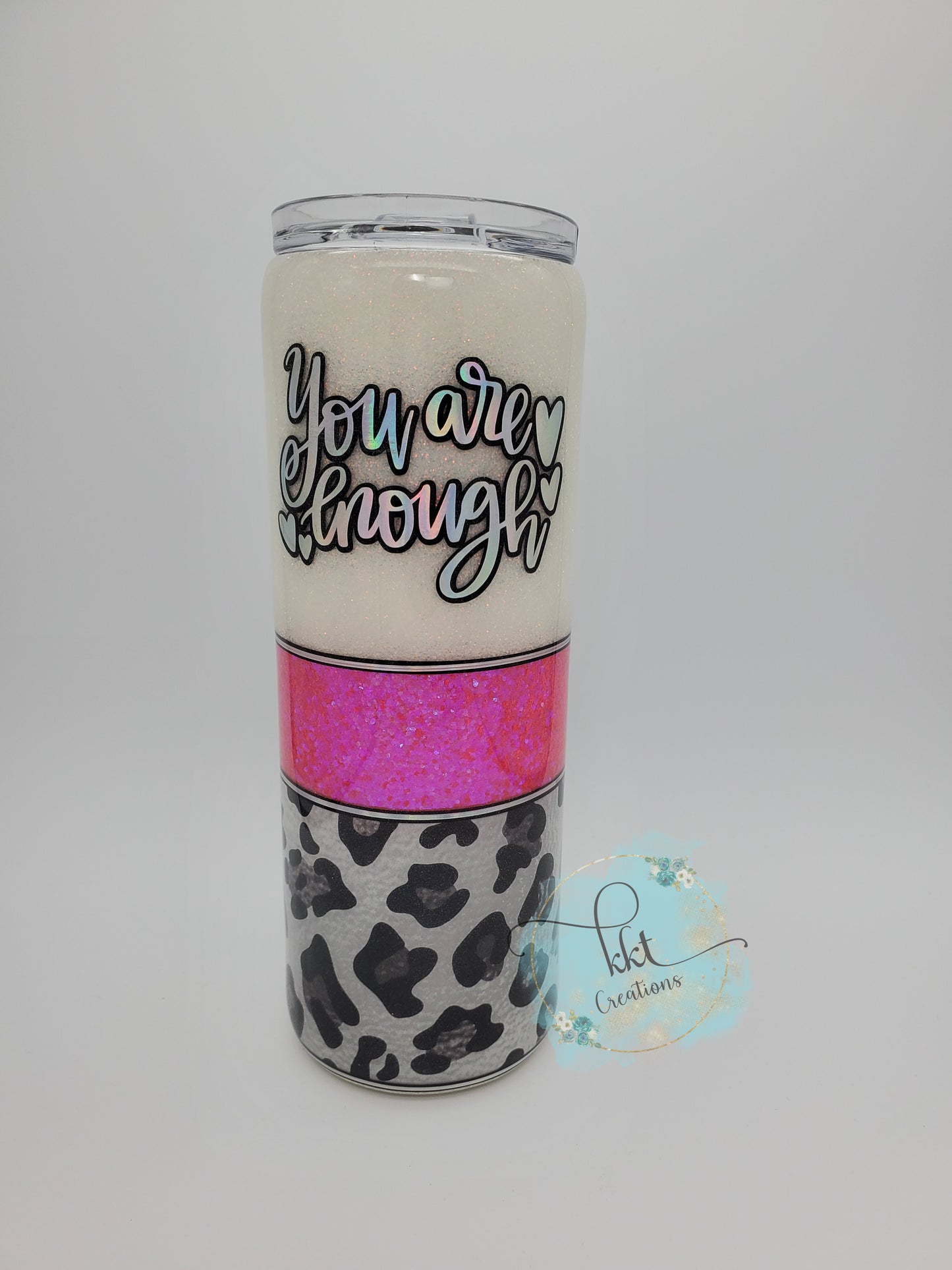 You are Enough Glitter Leopard Custom Tumbler - 20 oz skinny straight - hot pink, white, leopard spots