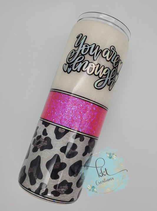 You are Enough Glitter Leopard Custom Tumbler - 20 oz skinny straight - hot pink, white, leopard spots