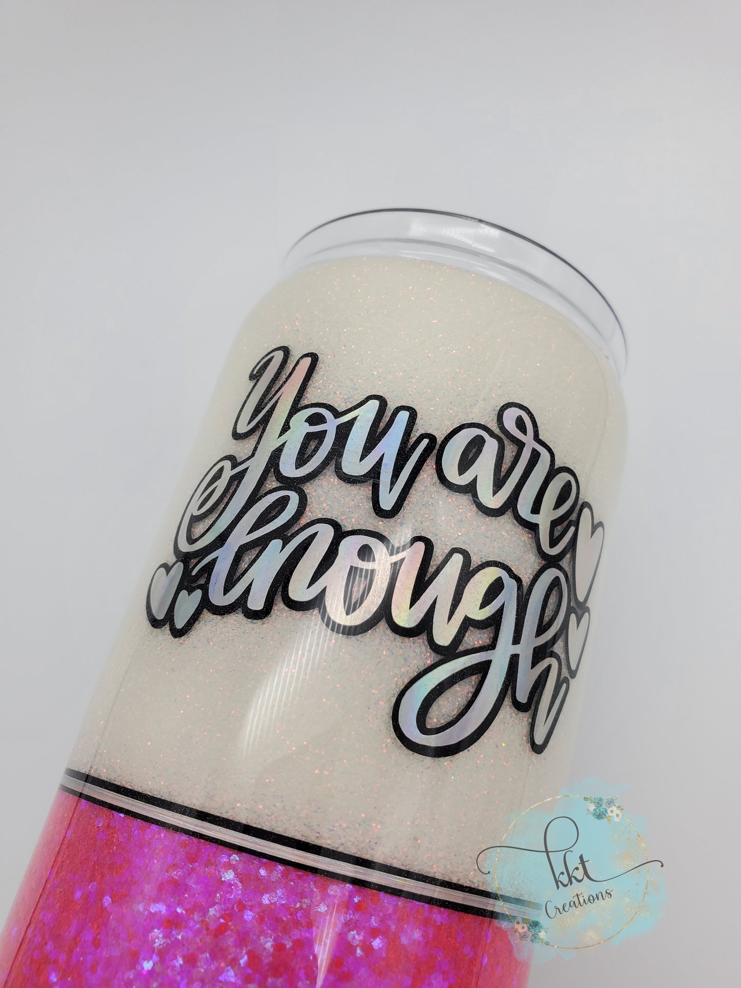 You are Enough Glitter Leopard Custom Tumbler - 20 oz skinny straight - hot pink, white, leopard spots