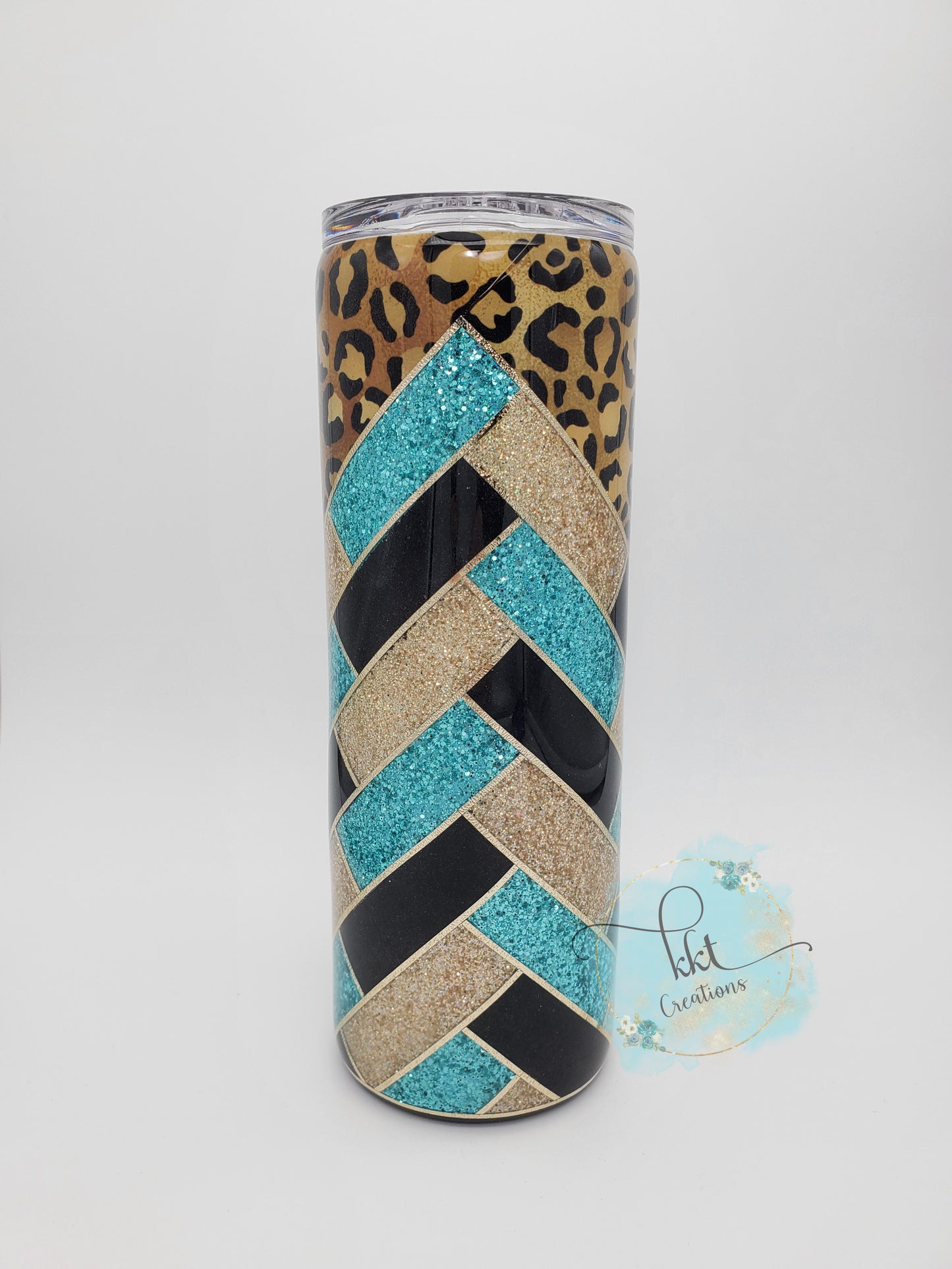 Herringbone V-Split Leopard Custom Tumbler- 20 oz Skinny Straight - gold, black, turquoise glitters