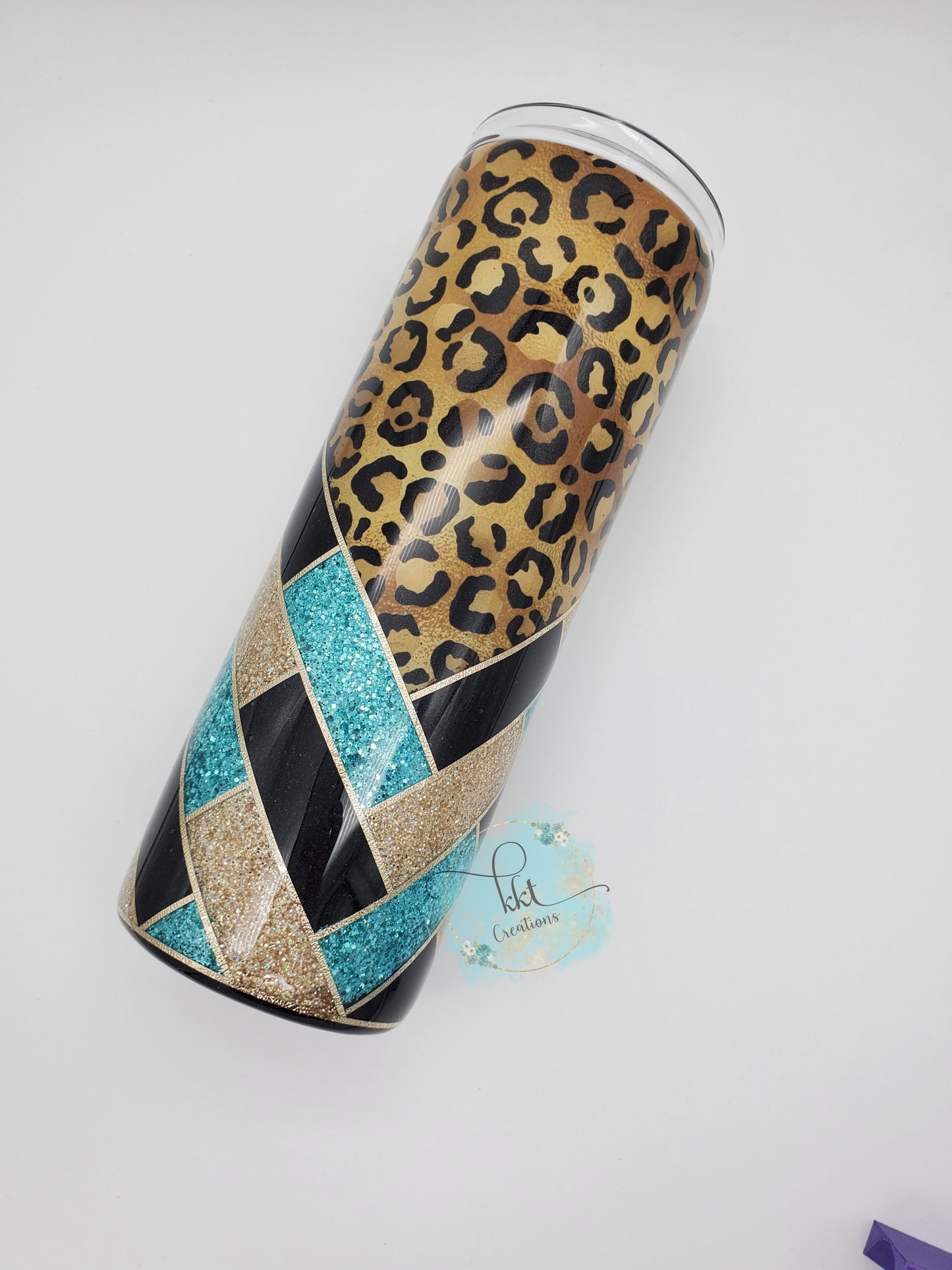 Herringbone V-Split Leopard Custom Tumbler- 20 oz Skinny Straight - gold, black, turquoise glitters