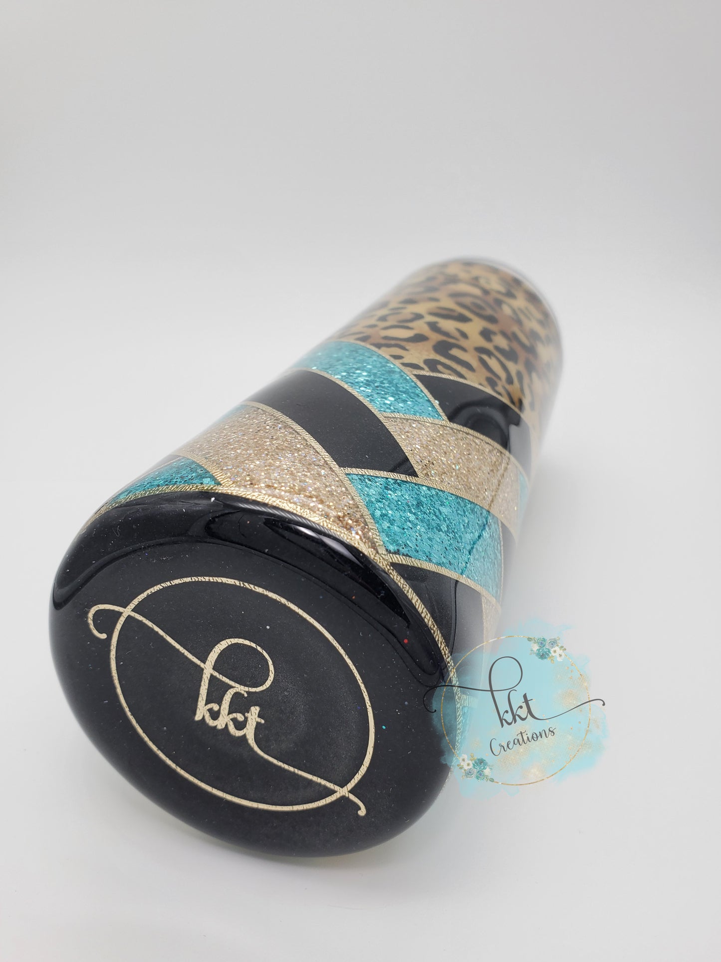 Herringbone V-Split Leopard Custom Tumbler- 20 oz Skinny Straight - gold, black, turquoise glitters