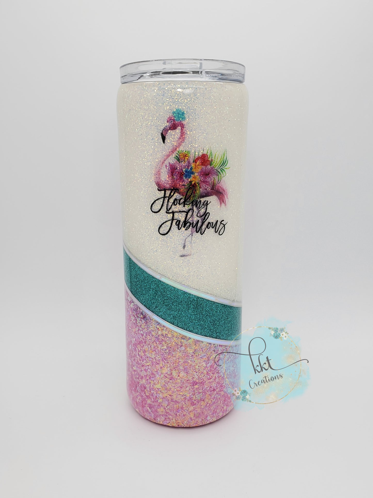 Flocking Fabulous Flamingo half-split custom glitter tumbler - 20 oz skinny straight