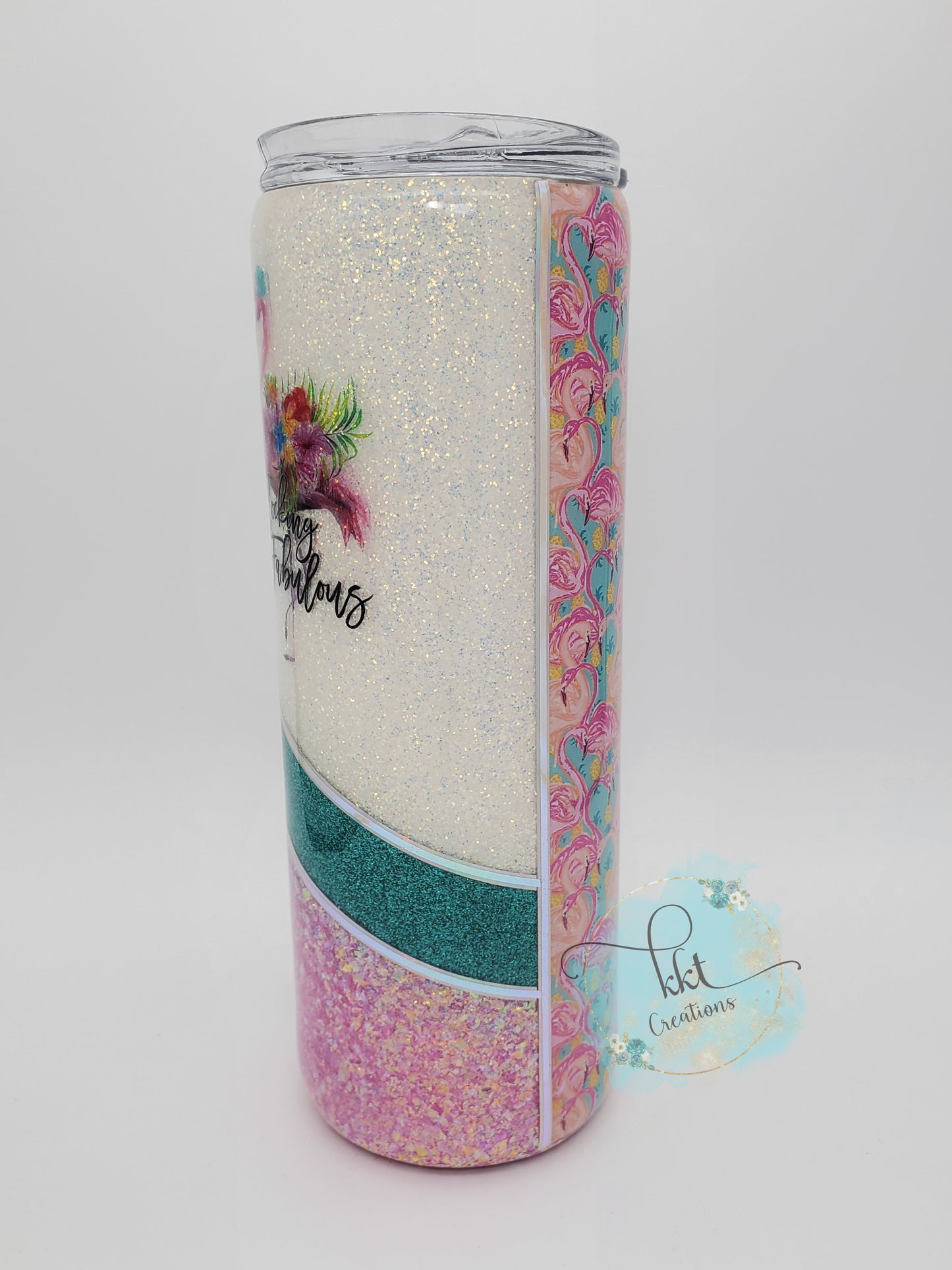 Flocking Fabulous Flamingo half-split custom glitter tumbler - 20 oz skinny straight