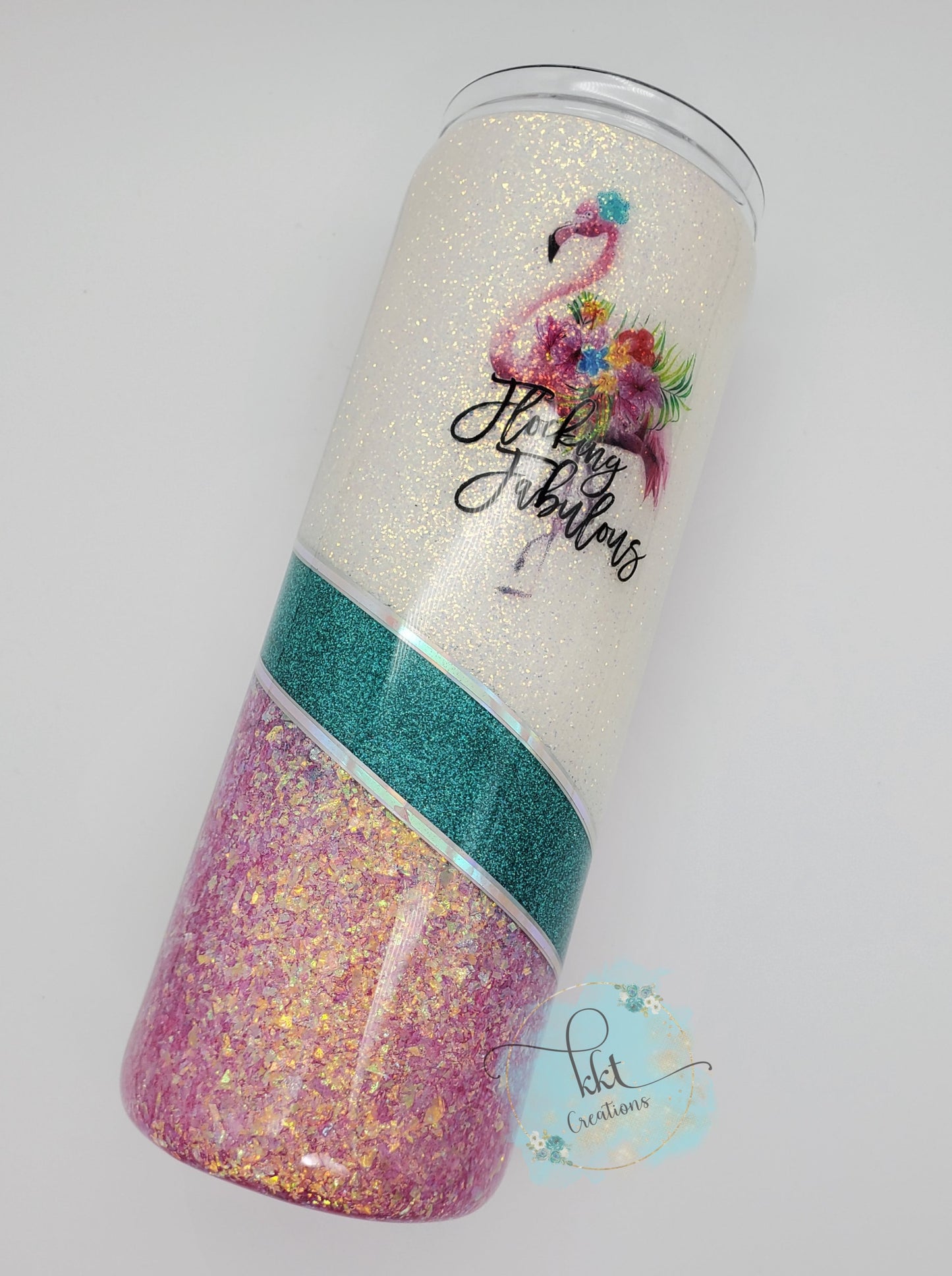 Flocking Fabulous Flamingo half-split custom glitter tumbler - 20 oz skinny straight