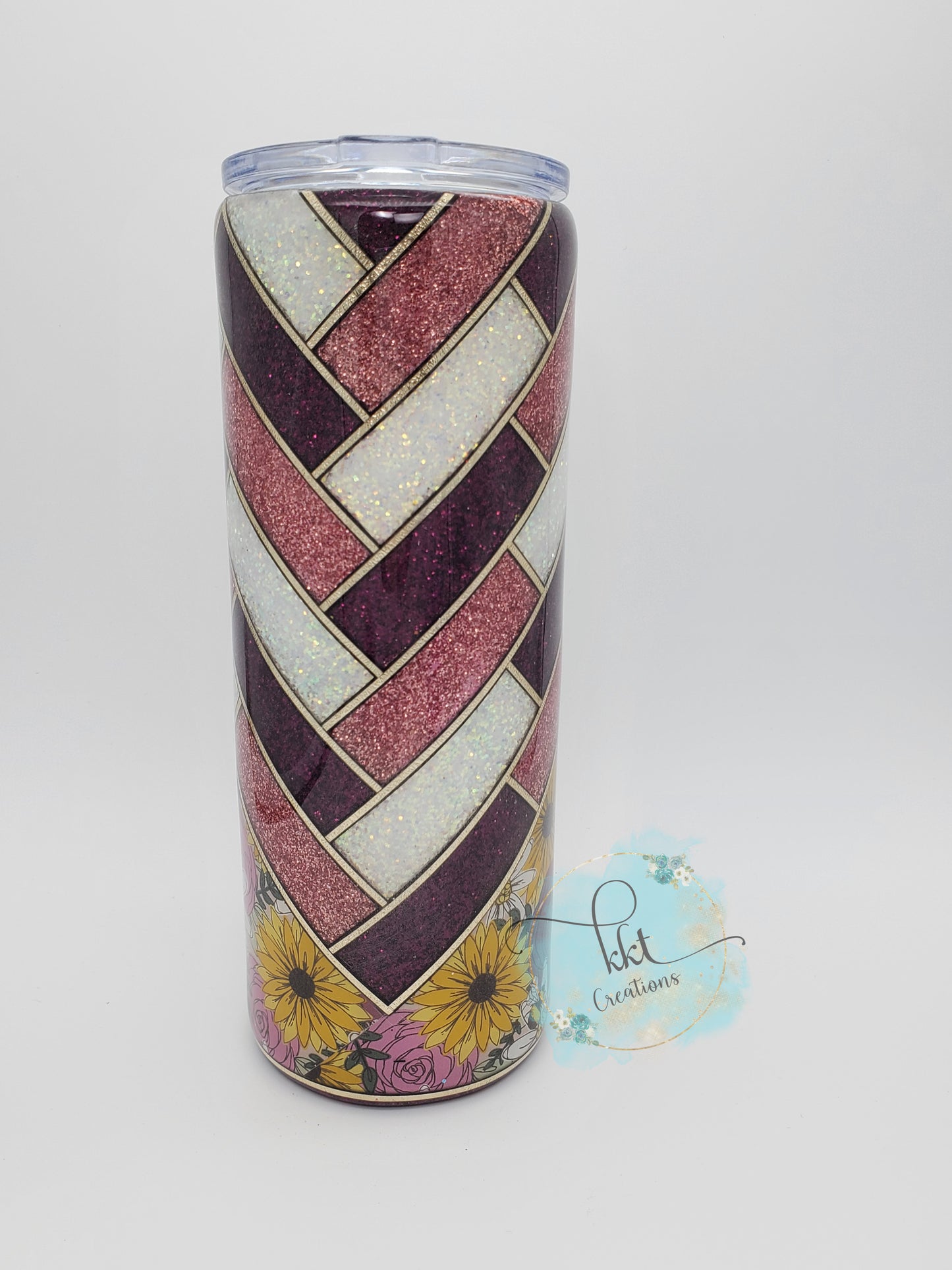 Herringbone V-Split Leopard Vinyl Custom Tumbler- 24 oz Skinny Straight - wine, rose pink, white glitter