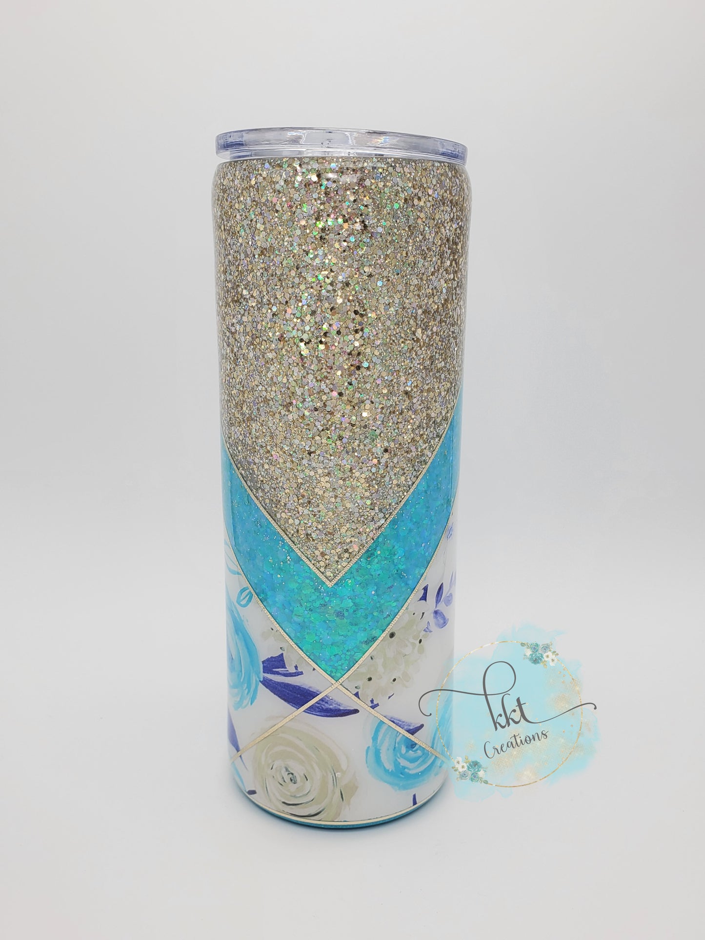 V-Split Floral Custom Tumbler- 24 oz Skinny - gold, turquoise glitter