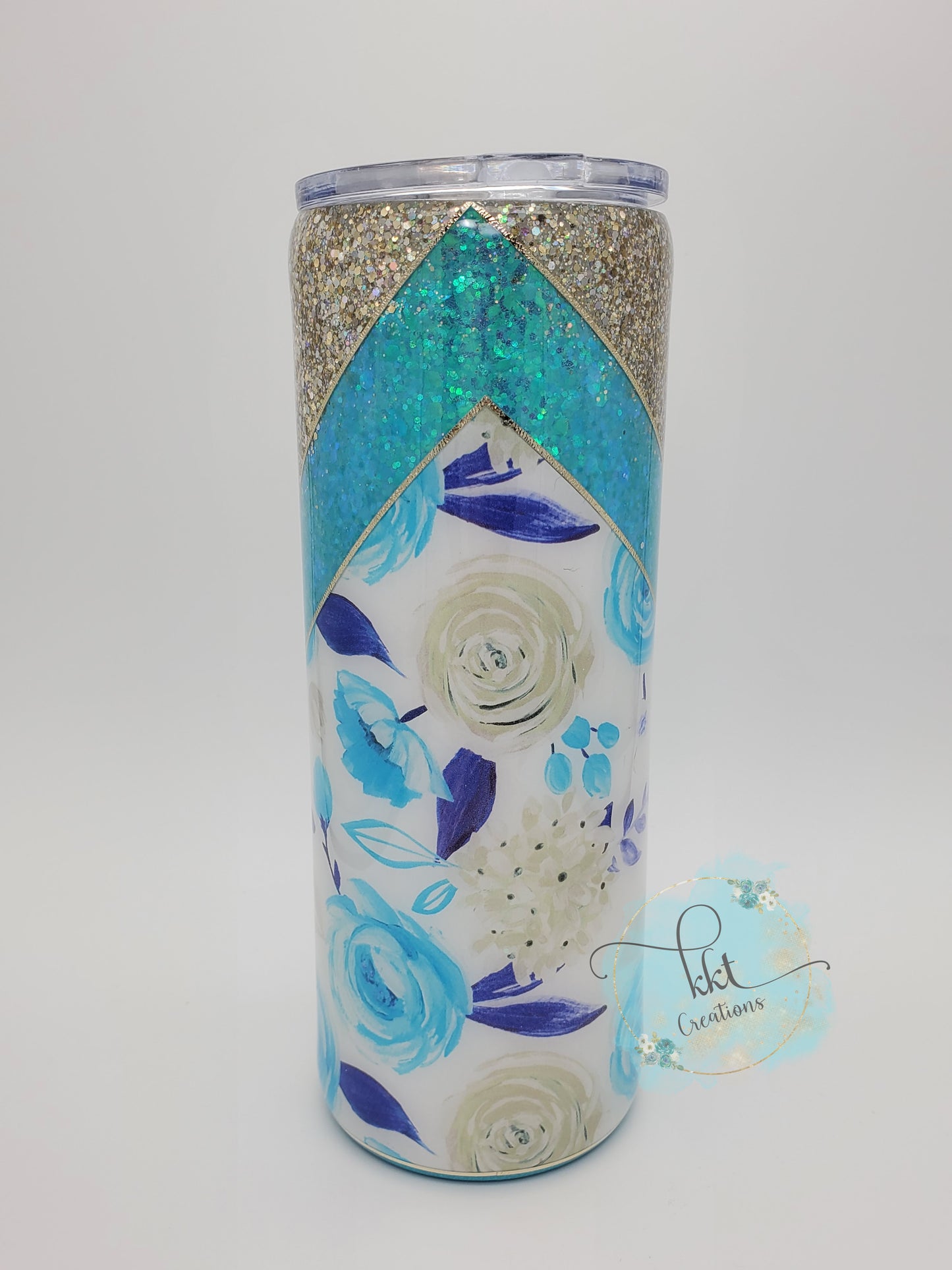 V-Split Floral Custom Tumbler- 24 oz Skinny - gold, turquoise glitter