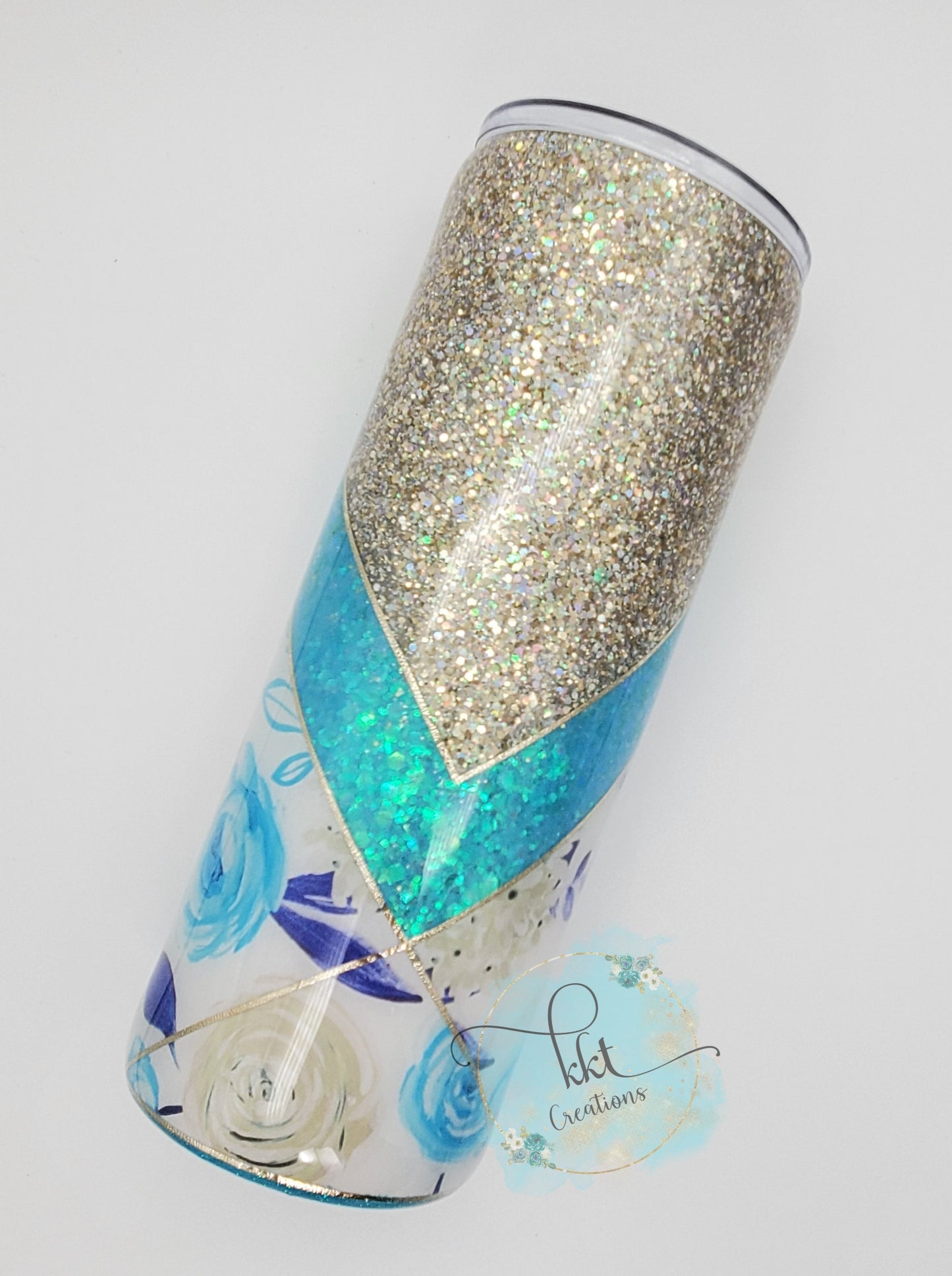 V-Split Floral Custom Tumbler- 24 oz Skinny - gold, turquoise glitter