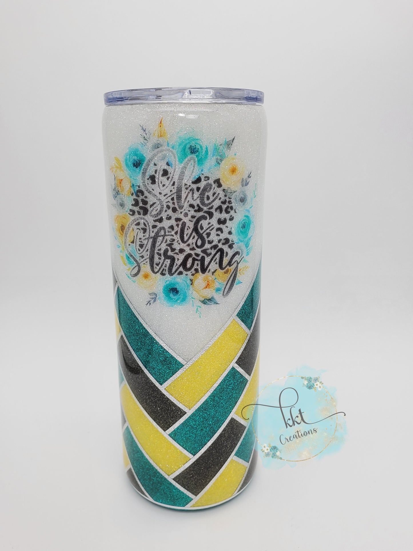 Herringbone V-Split  She is Strong Custom Tumbler- 24 oz Skinny Straight - turquoise, charcoal and yellow glitters