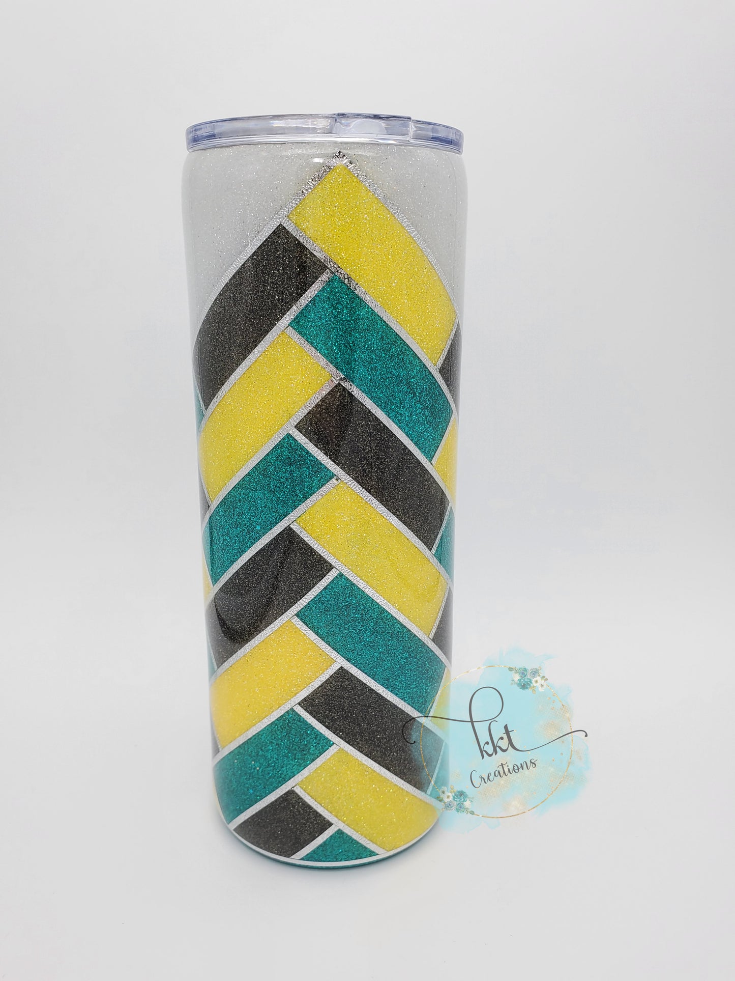 Herringbone V-Split  She is Strong Custom Tumbler- 24 oz Skinny Straight - turquoise, charcoal and yellow glitters