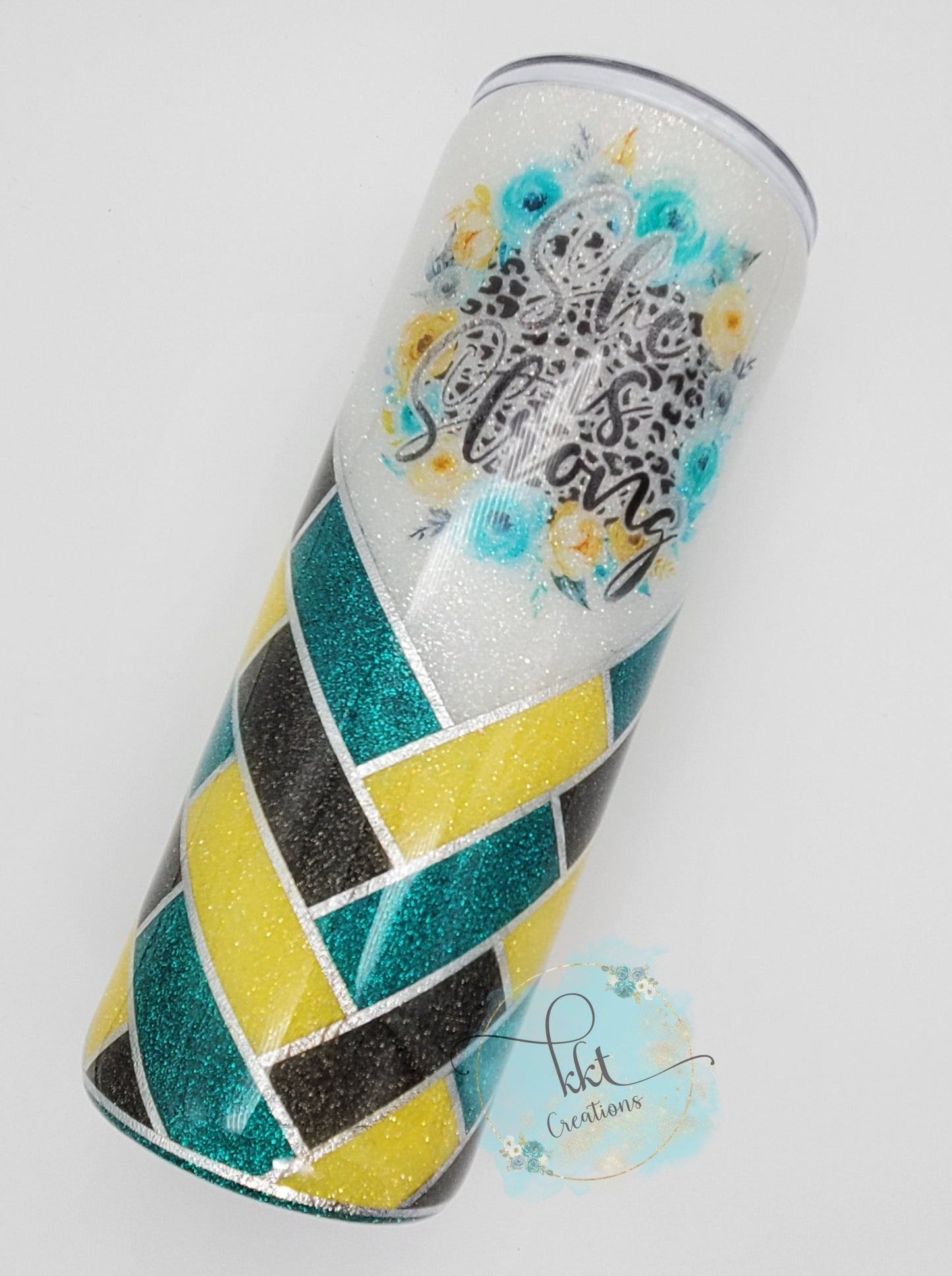 Herringbone V-Split  She is Strong Custom Tumbler- 24 oz Skinny Straight - turquoise, charcoal and yellow glitters