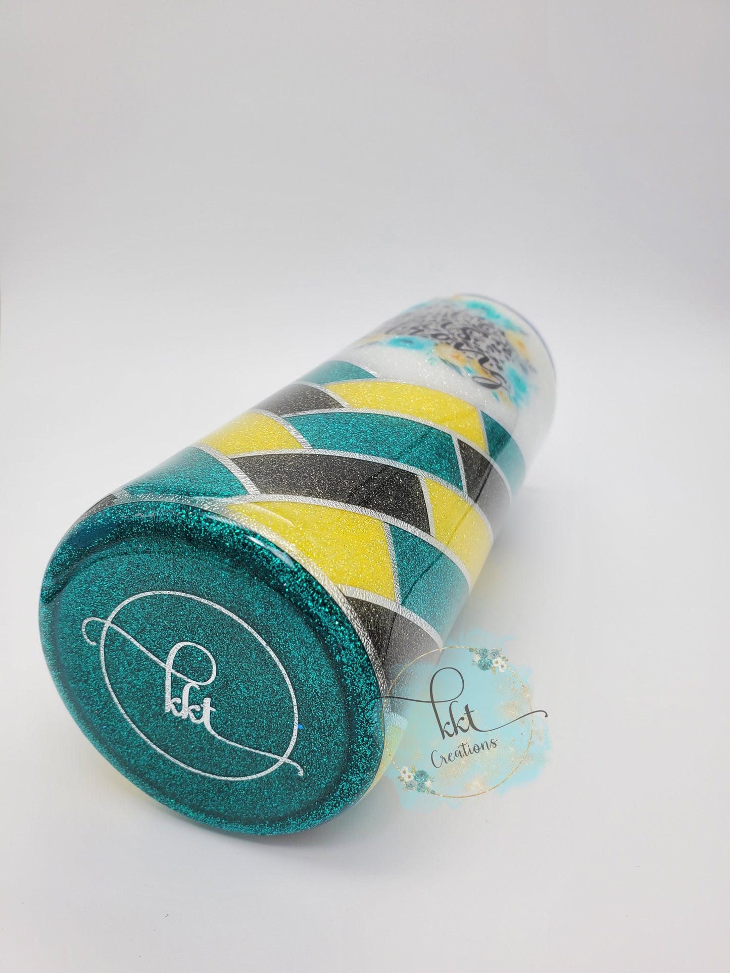 Herringbone V-Split  She is Strong Custom Tumbler- 24 oz Skinny Straight - turquoise, charcoal and yellow glitters