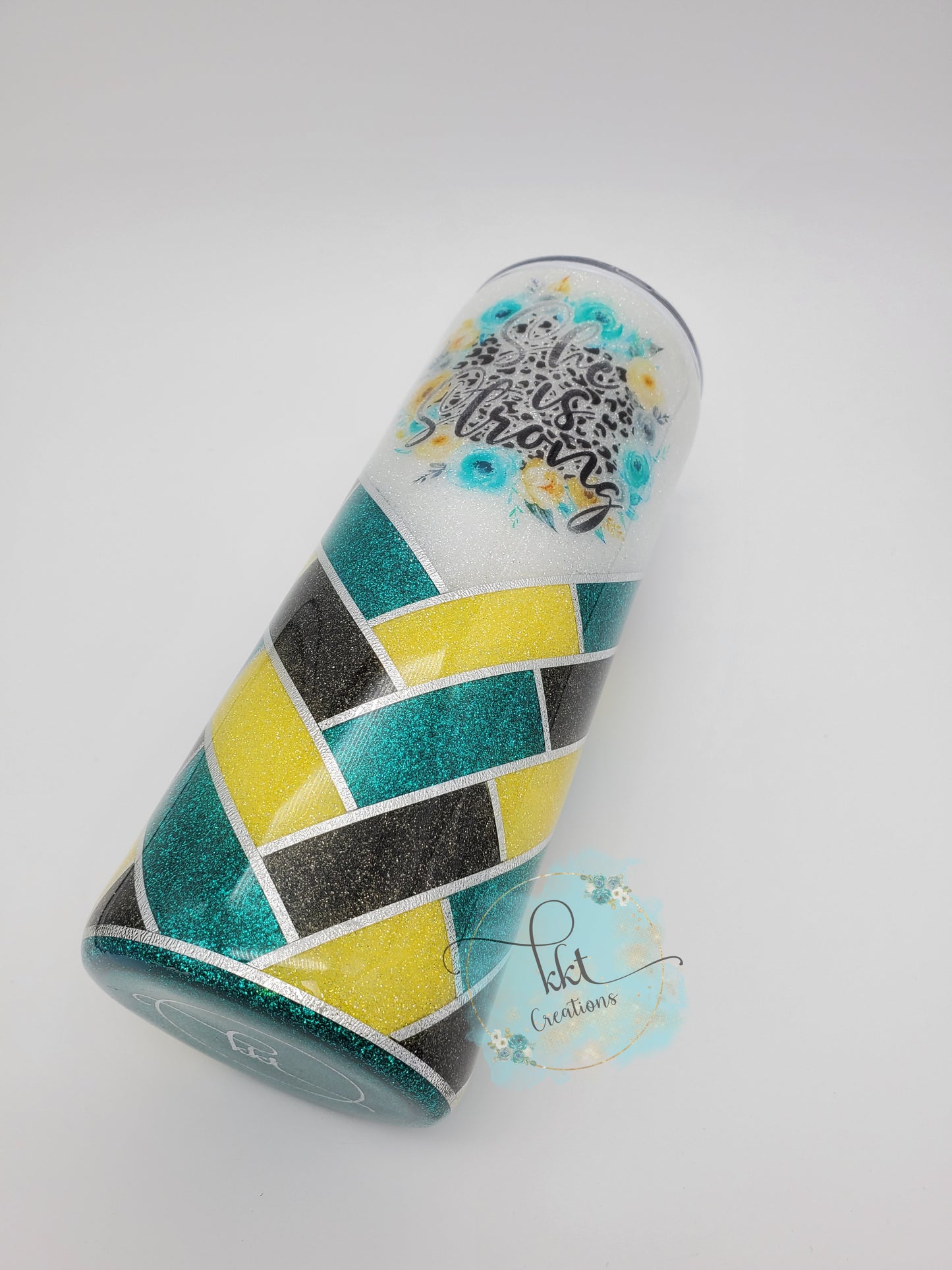 Herringbone V-Split  She is Strong Custom Tumbler- 24 oz Skinny Straight - turquoise, charcoal and yellow glitters