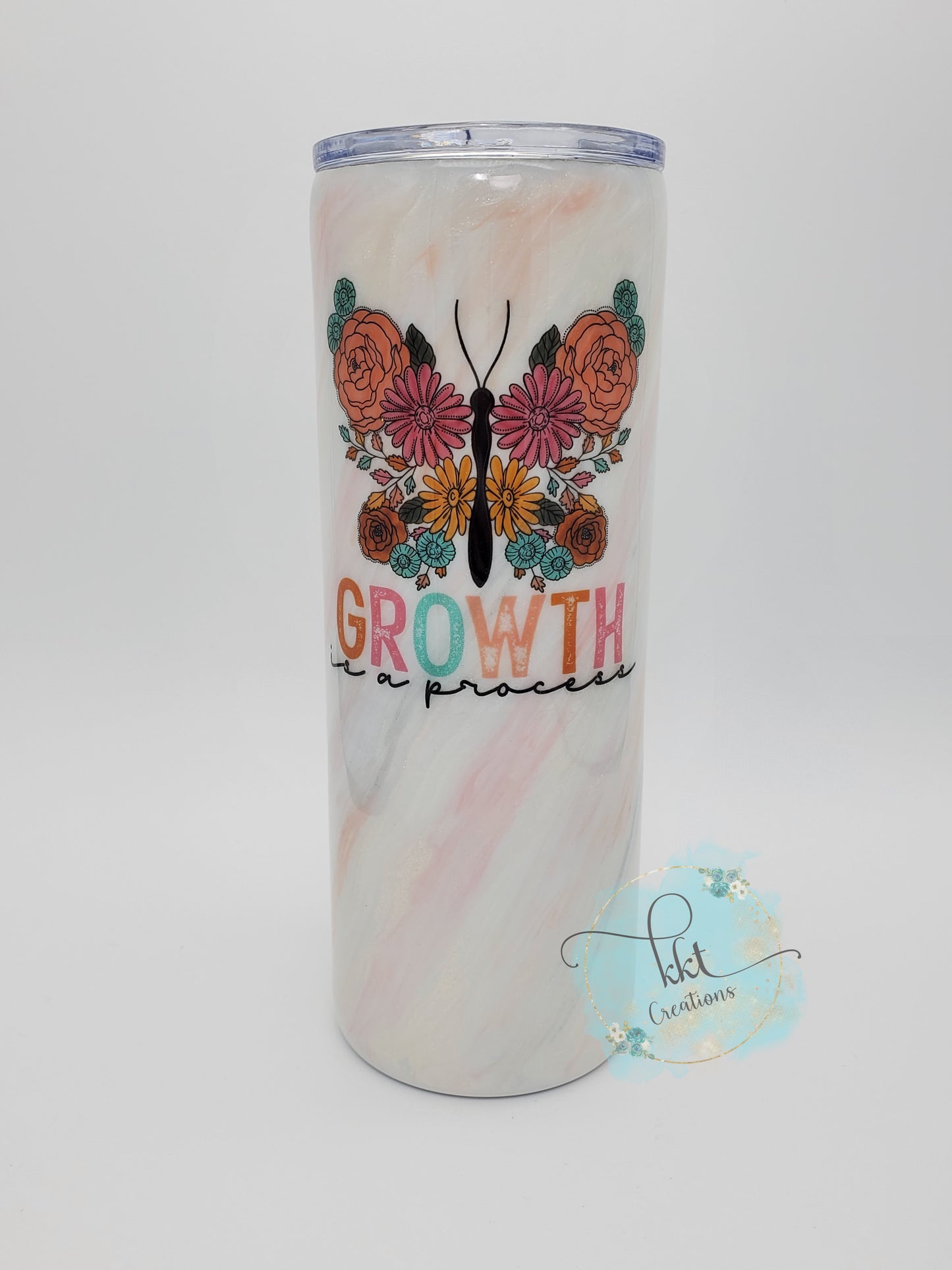 Growth is a Process Butterfly Hatching Custom Tumbler - 24 oz Skinny - pink, peach, teal