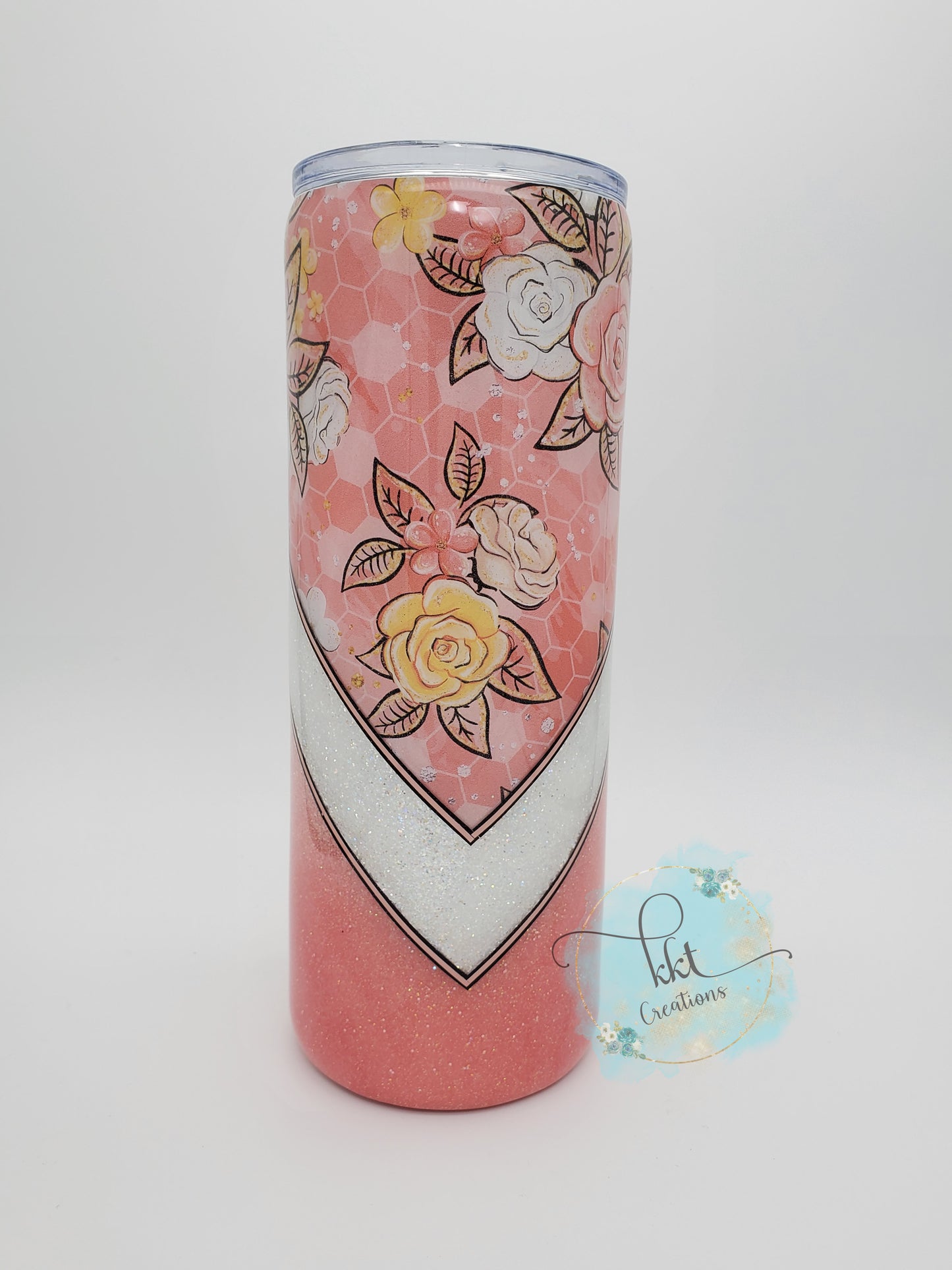 Floral and Glitter V-Split Ombre Custom Tumbler- 24 oz Skinny - Coral, peach, yellow, white