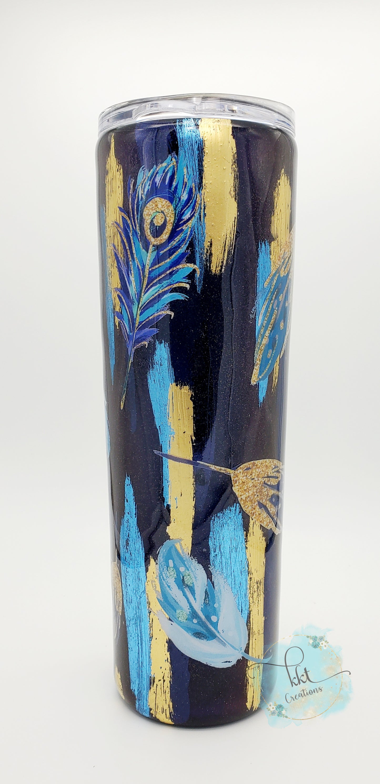 Brushstroke Foil Feather "Let Your Dreams be Greater Than Your Fears" Custom Tumbler- 30 oz Skinny taper - blues, gold