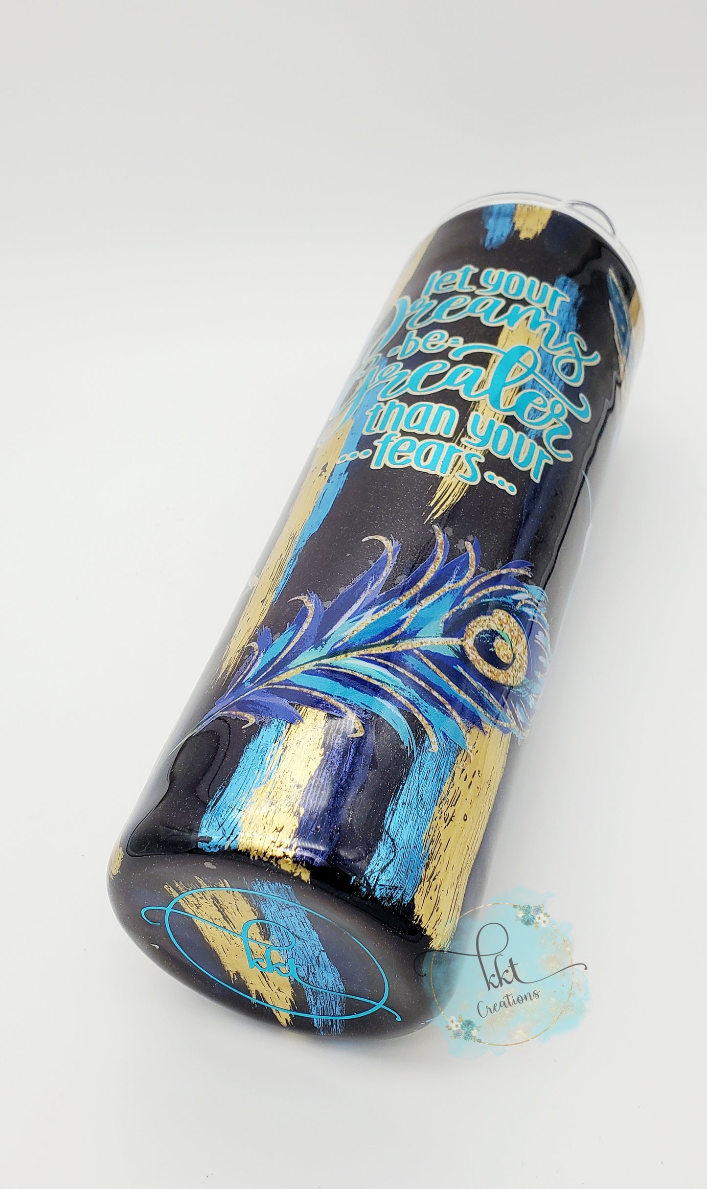 Brushstroke Foil Feather "Let Your Dreams be Greater Than Your Fears" Custom Tumbler- 30 oz Skinny taper - blues, gold