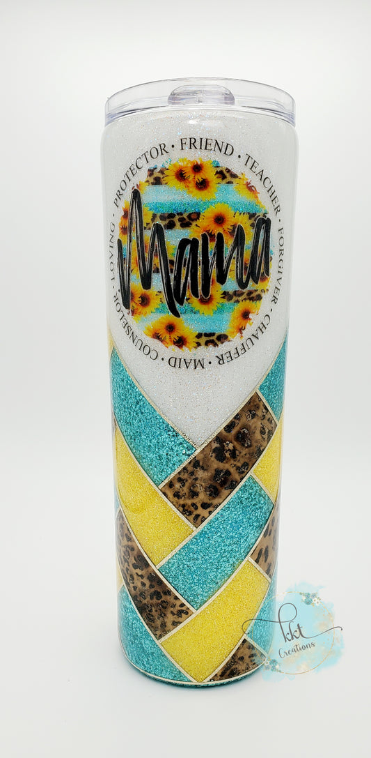 Herringbone V-Split "Mama" Leopard Custom Tumbler- 30 oz Skinny Taper - turquoise, yellow, white glitters