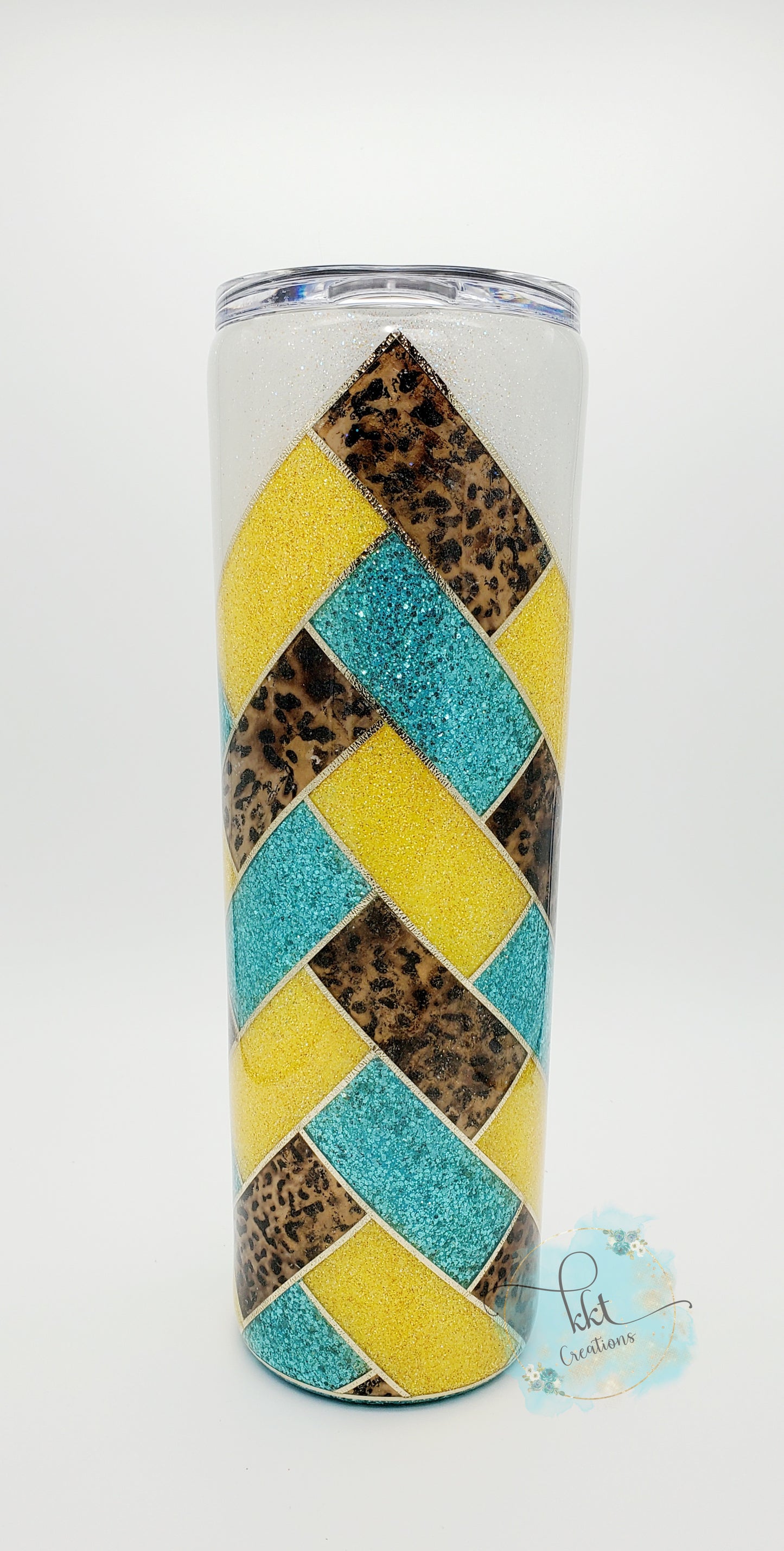 Herringbone V-Split "Mama" Leopard Custom Tumbler- 30 oz Skinny Taper - turquoise, yellow, white glitters