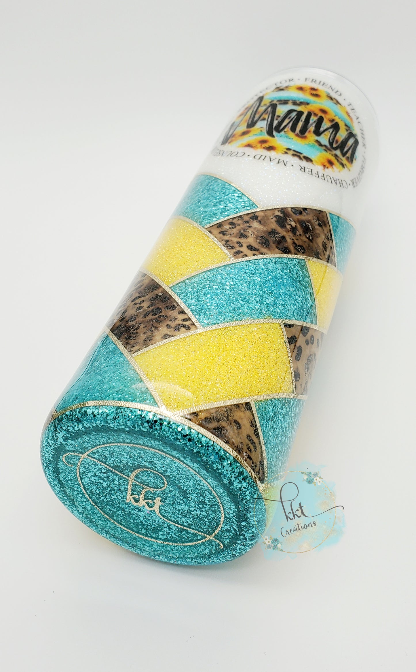 Herringbone V-Split "Mama" Leopard Custom Tumbler- 30 oz Skinny Taper - turquoise, yellow, white glitters