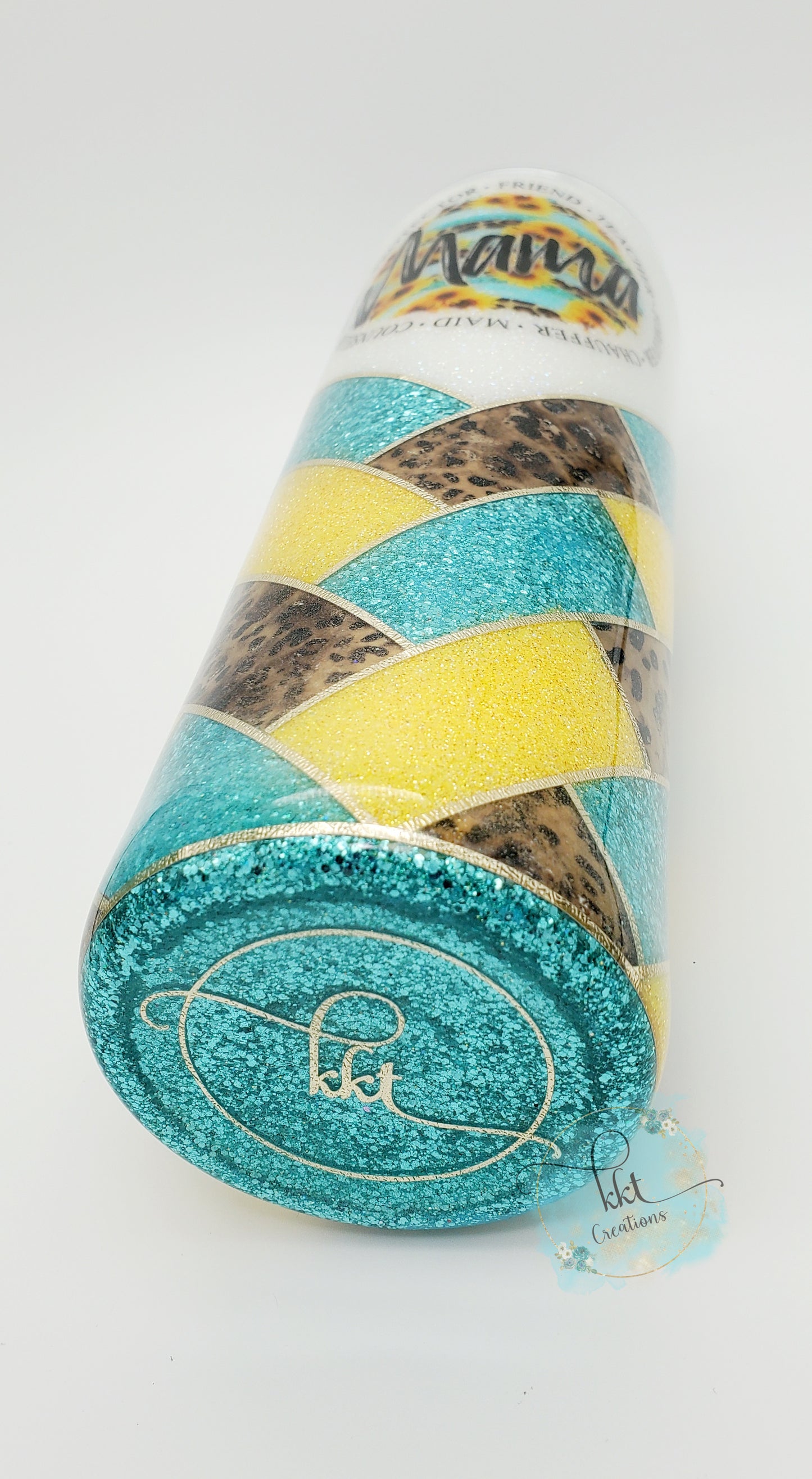 Herringbone V-Split "Mama" Leopard Custom Tumbler- 30 oz Skinny Taper - turquoise, yellow, white glitters