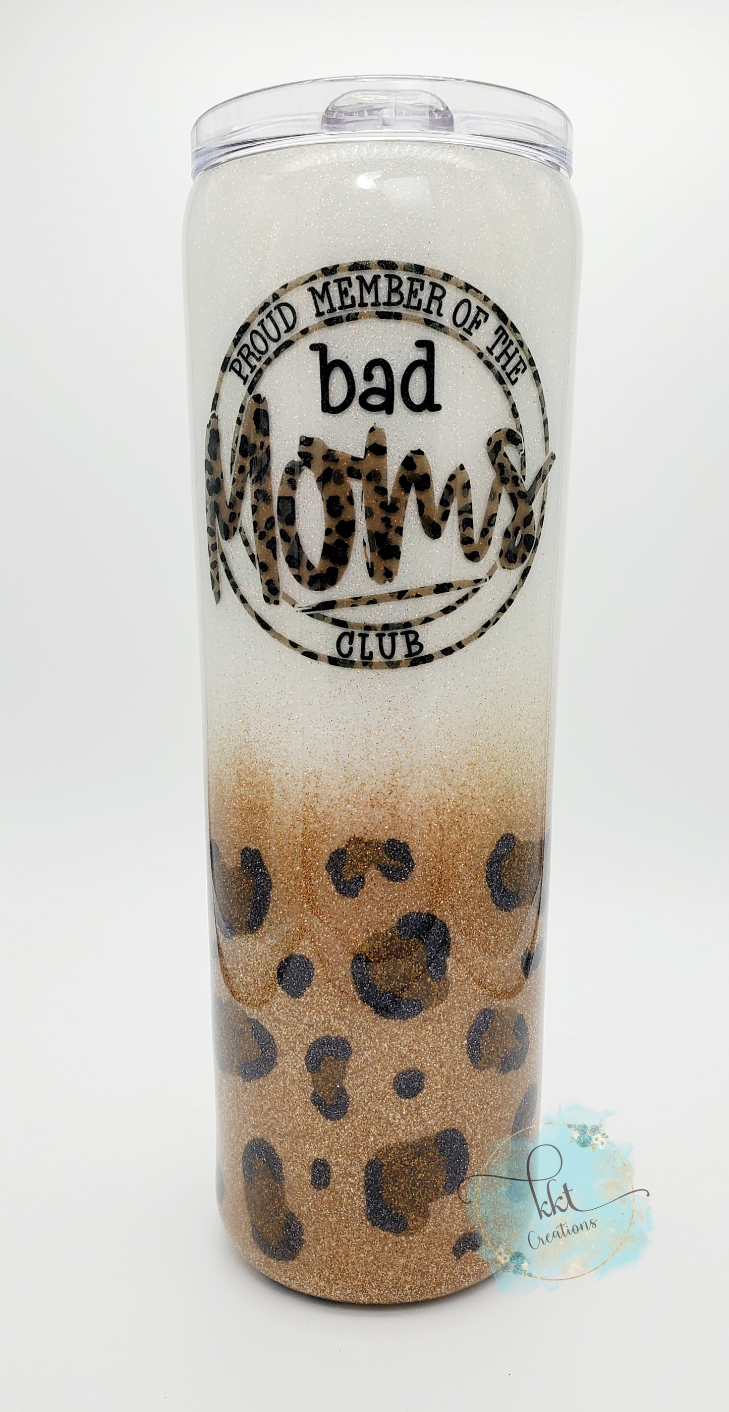 Bad Moms Club Glitter Hand Painted Leopard Spots Custom Tumbler - 30 oz Skinny Taper