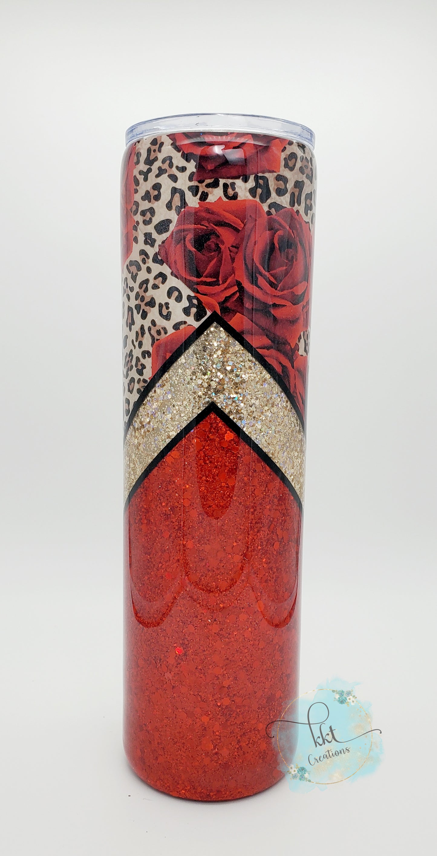 Red Rose Leopard Glitter V-Split Custom Tumbler - 32 oz skinny