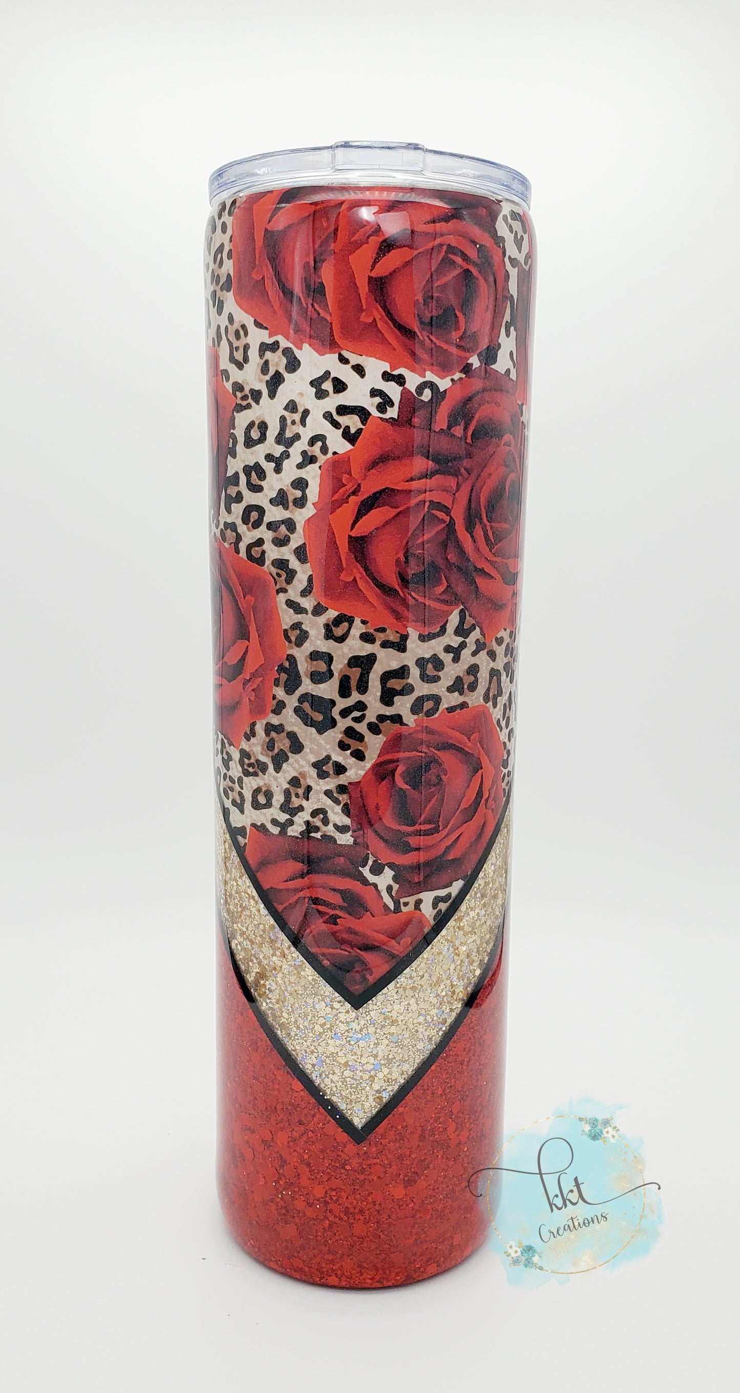 Red Rose Leopard Glitter V-Split Custom Tumbler - 32 oz skinny