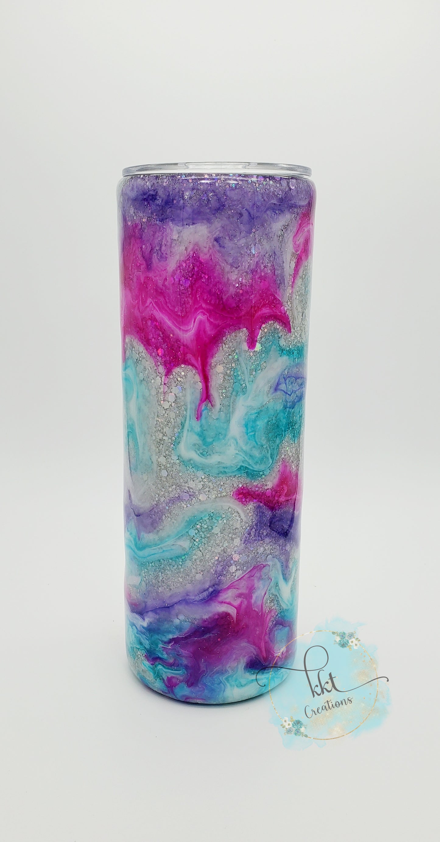 Glittered Alcohol Ink Swirl Custom Tumbler - 20 oz Skinny Straight - purple, pink, turquoise