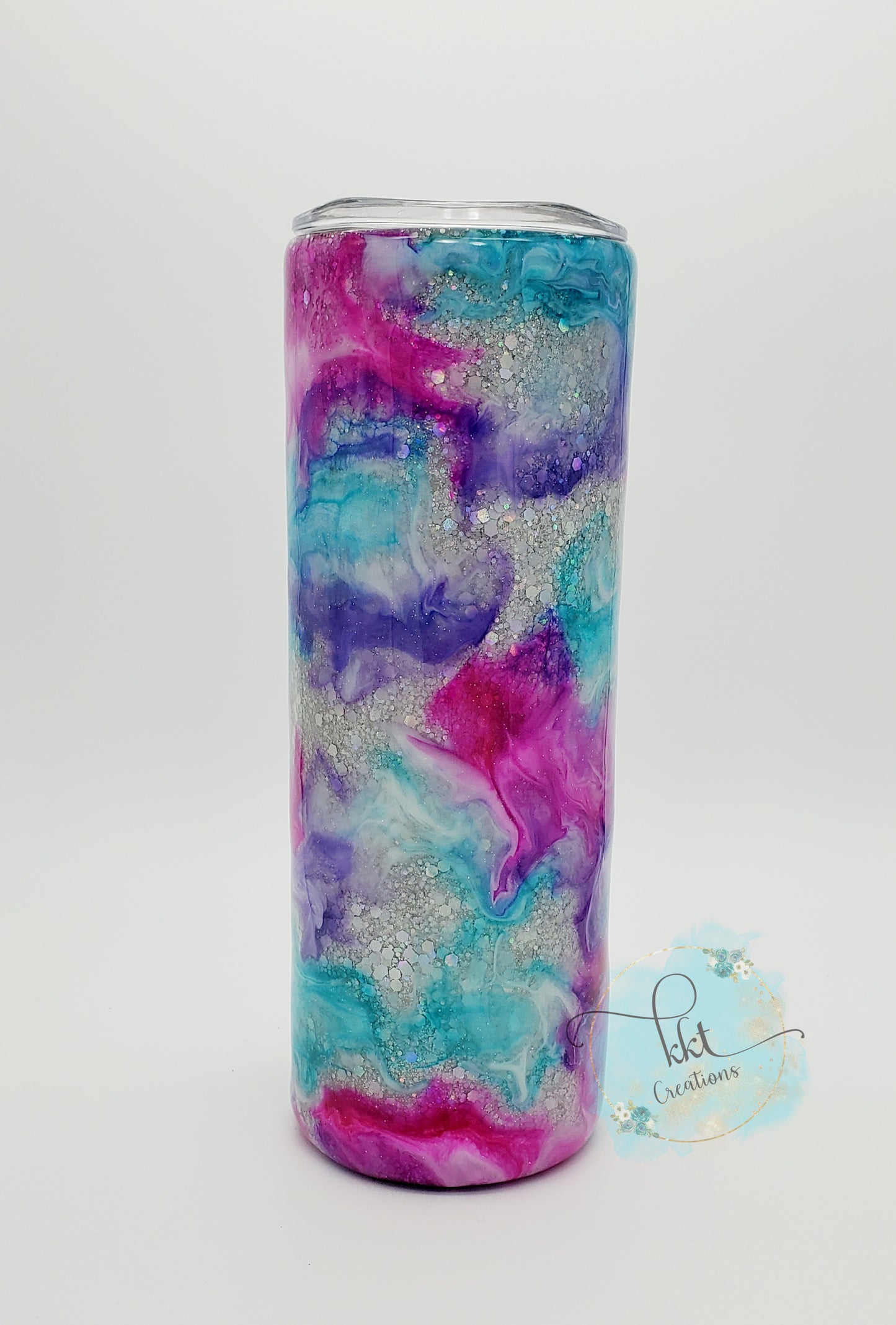 Glittered Alcohol Ink Swirl Custom Tumbler - 20 oz Skinny Straight - purple, pink, turquoise