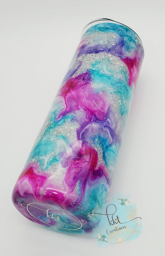 Glittered Alcohol Ink Swirl Custom Tumbler - 20 oz Skinny Straight - purple, pink, turquoise