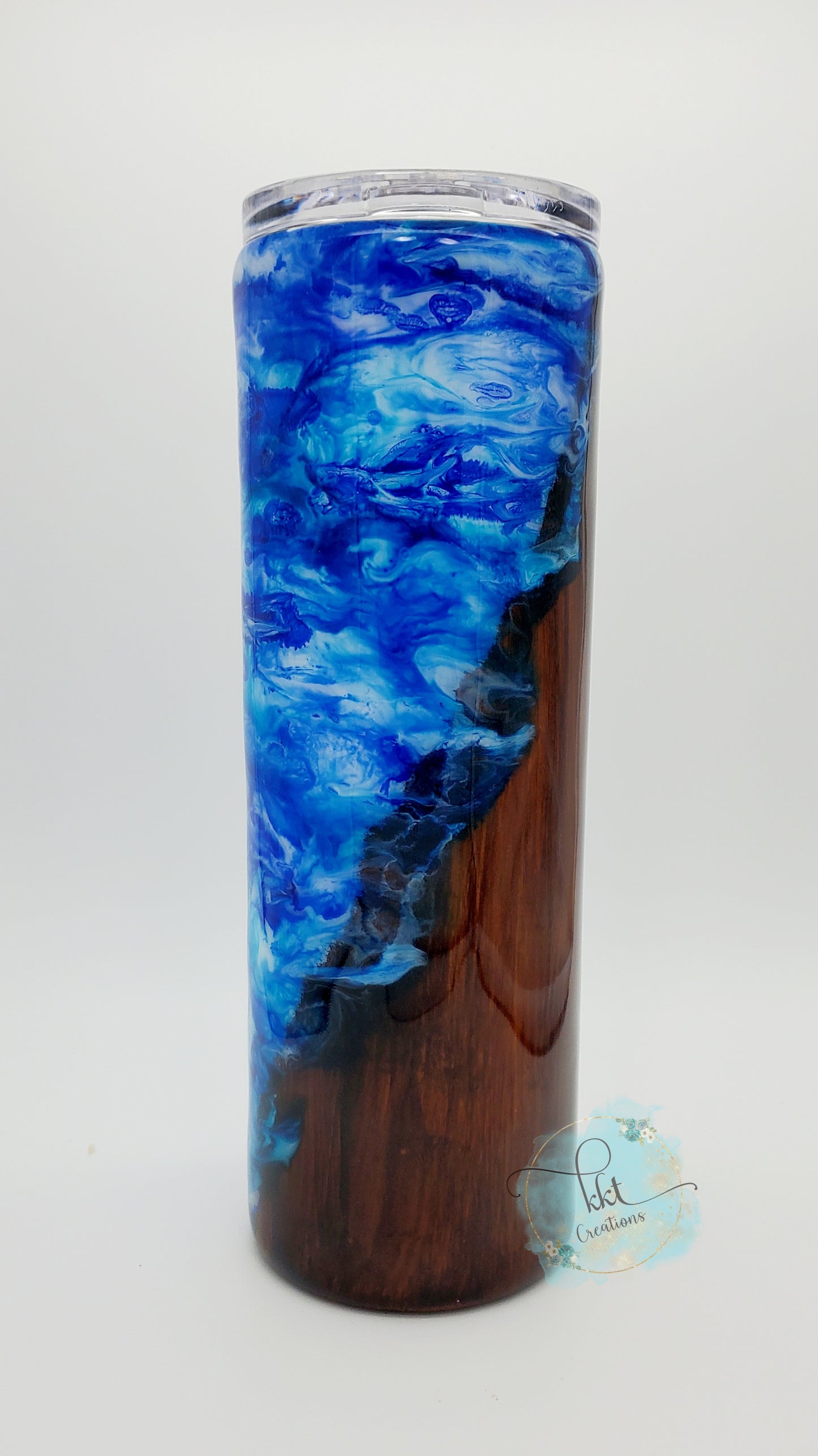 Woodgrain Water River/Lake Custom Tumbler - 30 oz Skinny Straight - Blue, woodgrain