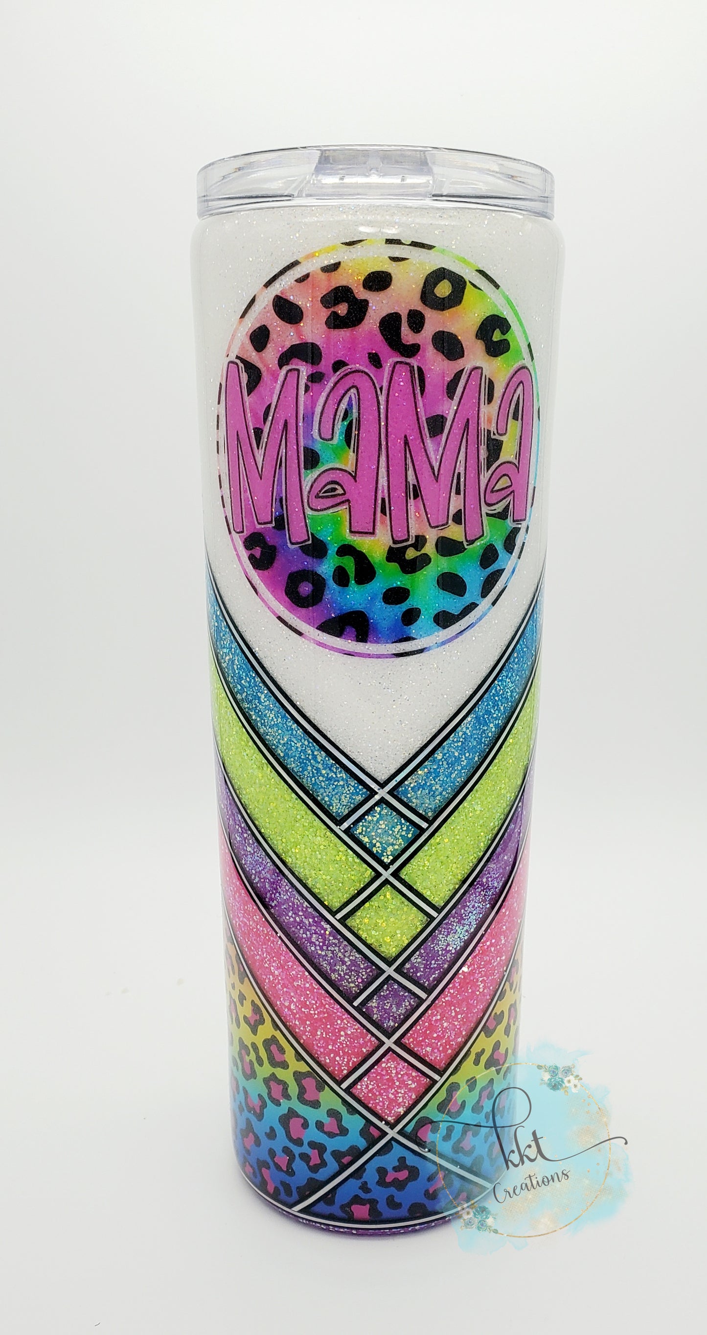 MAMA neon lepard vinyl V-Split glitter custom tumbler - 30 oz skinny taper - neons